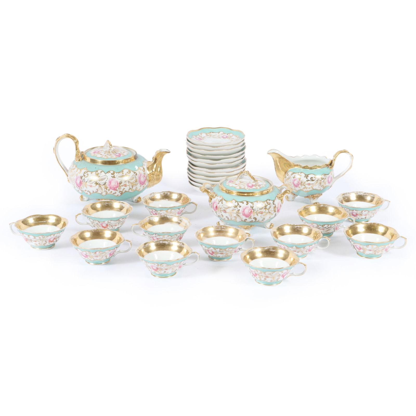 French porcelain JP Limoges tea service for 12 with hand painted rose florals, turquoise borders and (1 of 8)