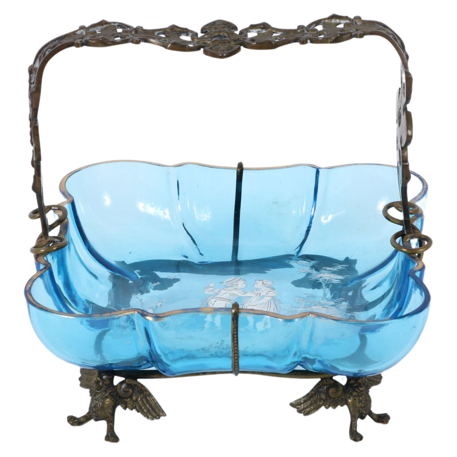 Victorian bride's basket with Mary Gregory painted figures on blue glass and four winged gryphon (1 of 9)