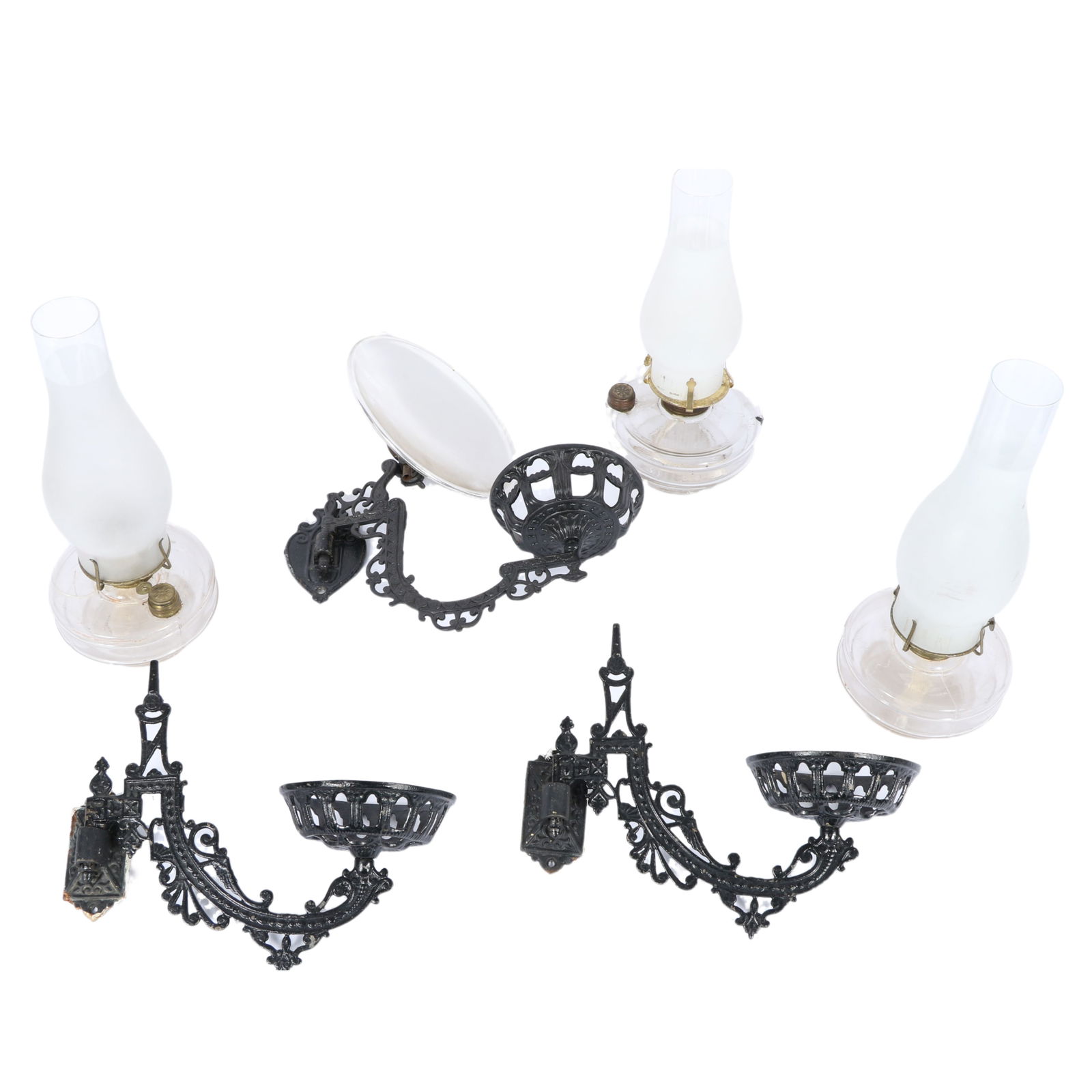 Three Antique Victorian cast iron wall mounted arm sconce oil lamp lighting; includes an Aesthetic (1 of 4)