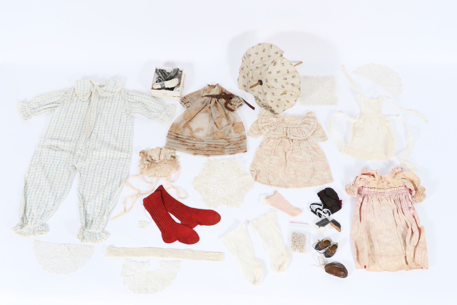 Large group of antique doll clothing, shoes, and other accessories including set of toy pewter (1 of 6)
