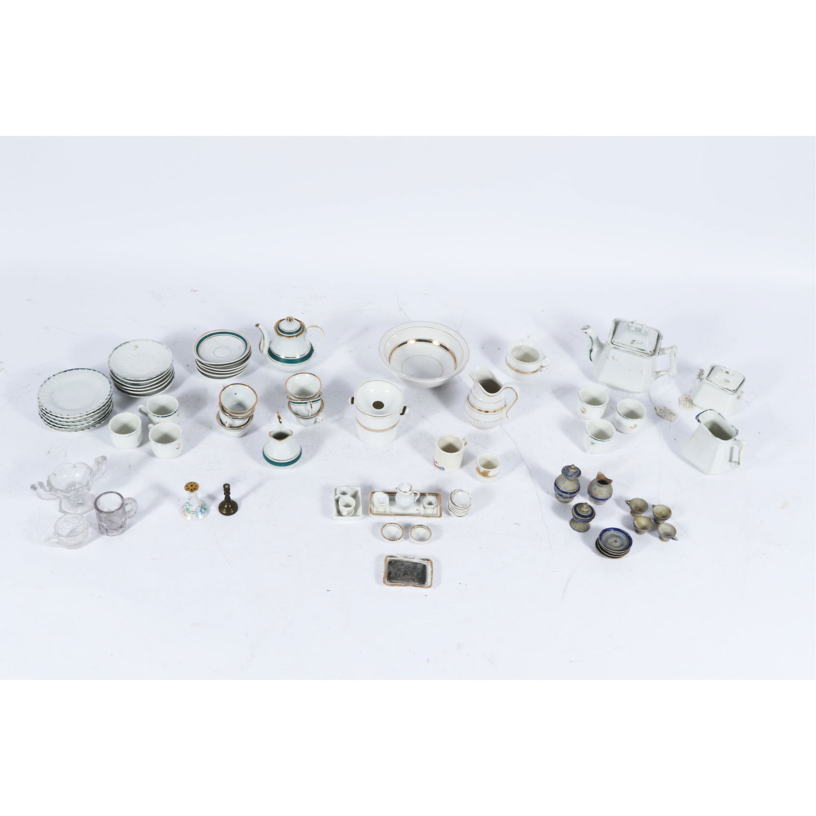 Large group of antique ironstone, glass, and painted wooden doll dishes and tea sets. (1 of 14)