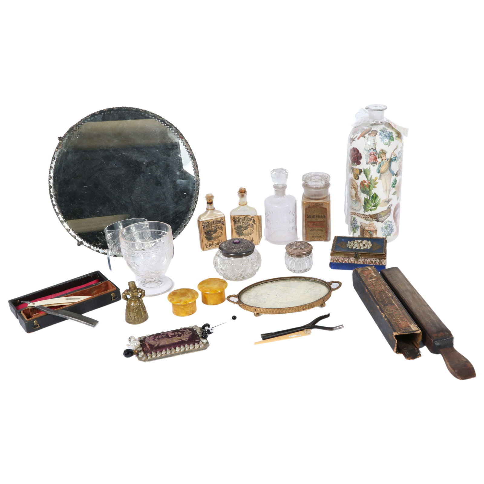 Large group of antique and vintage vanity accessories including, straight razor and hone, perfume (1 of 20)