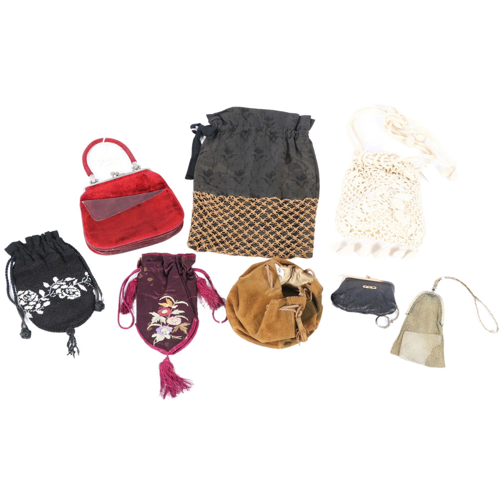 8pc group of Victorian and Art Deco purses, including leather, beaded drawstring, and small (1 of 20)