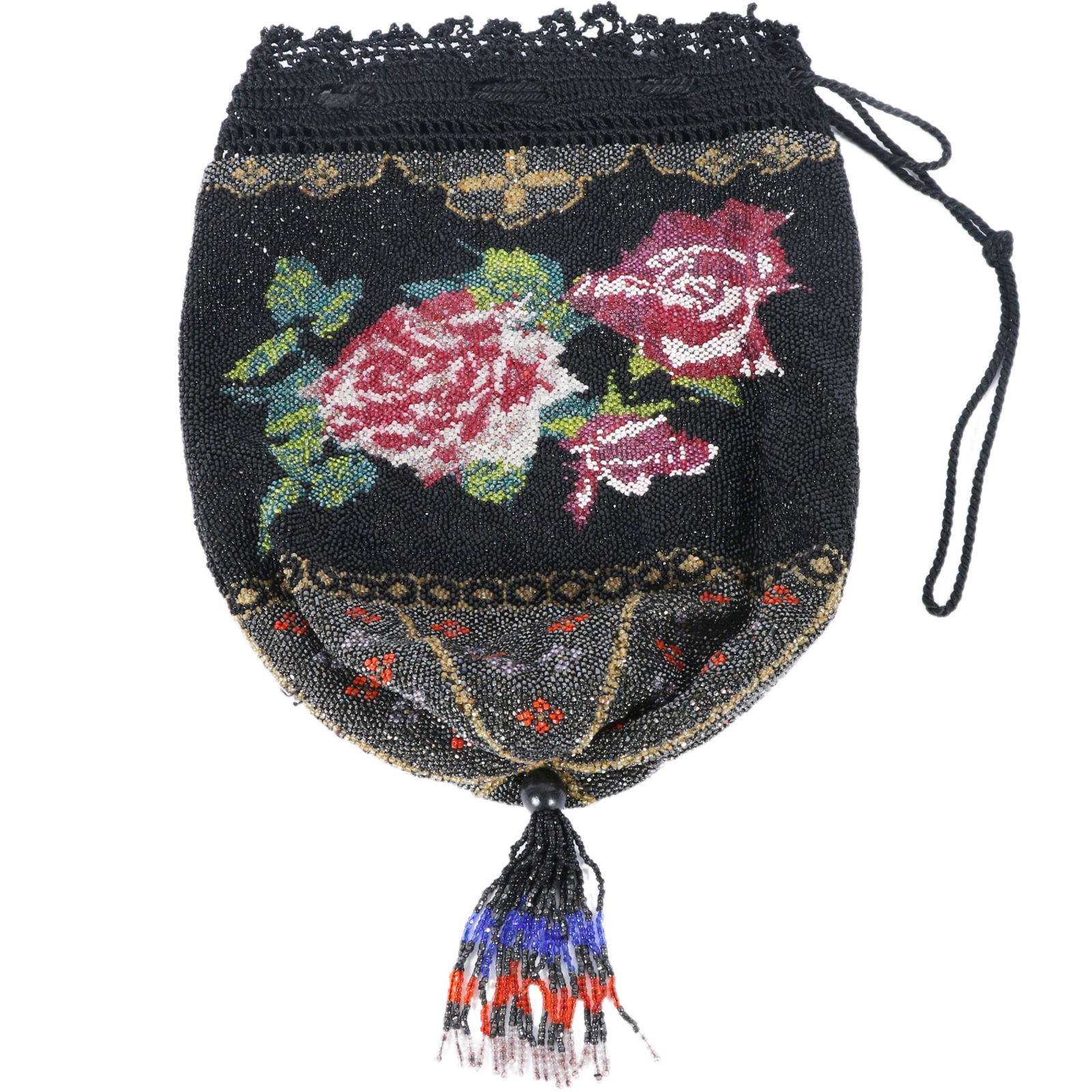 Vintage micro glass beaded rose floral drawstring crochet purse with tassel. (1 of 10)