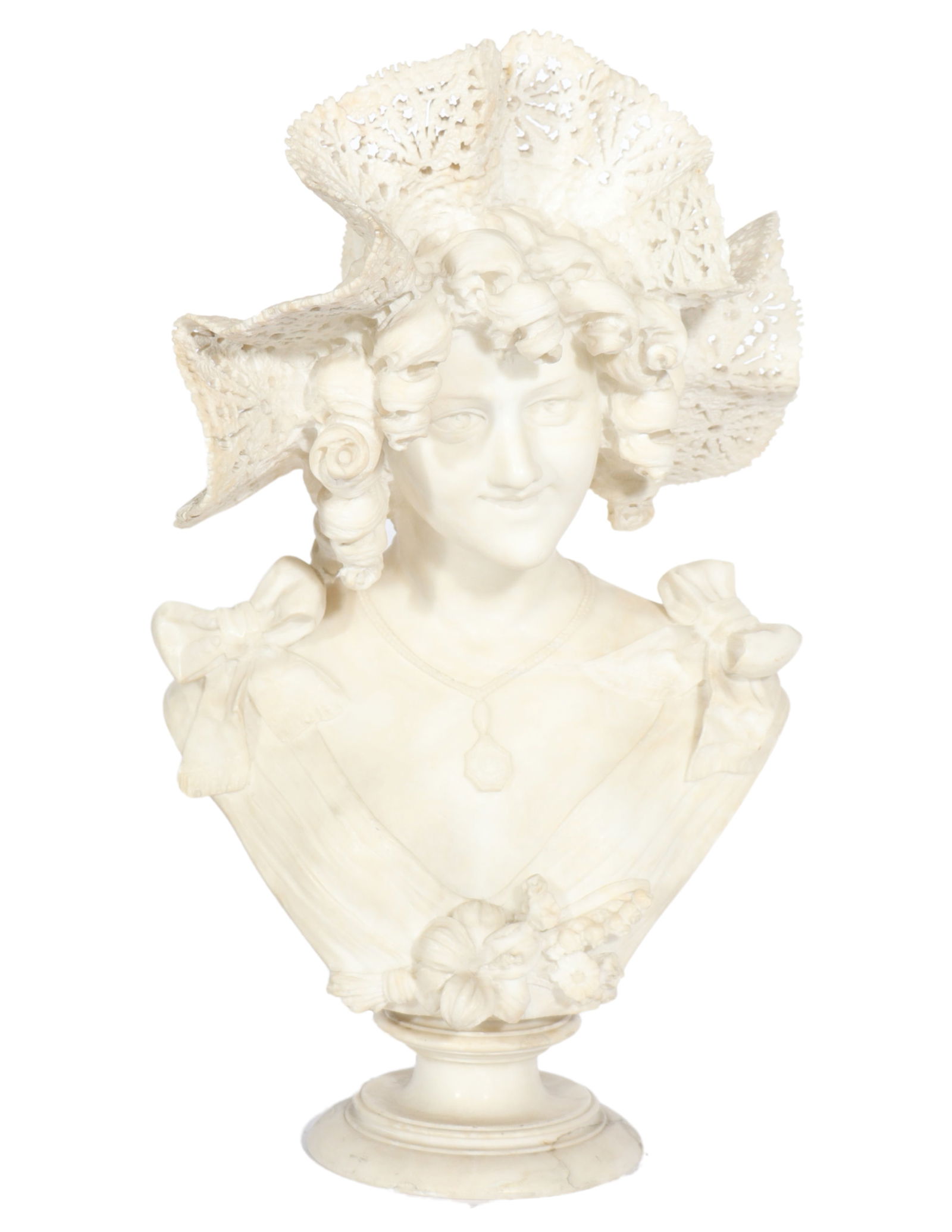 Italian alabaster bust of a smiling girl / lady in lace bonnet and curls.: Italian alabaster bust of a smiling girl / lady in lace bonnet and curls. 24 1/2"H x 14"W x 9"D