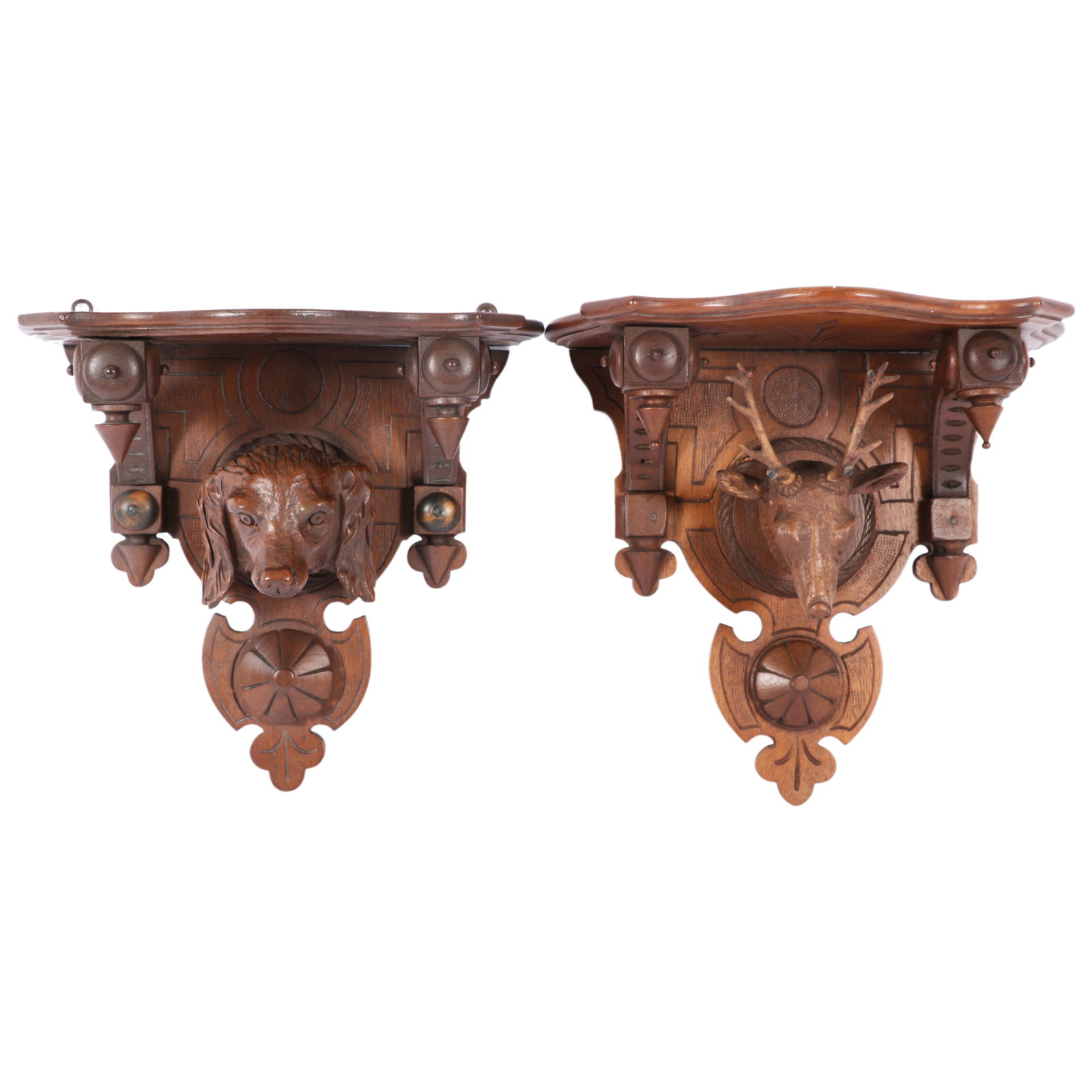 Antique Victorian East Lake style wall shelves with Black Forest carved wooden stag / deer and (1 of 20)