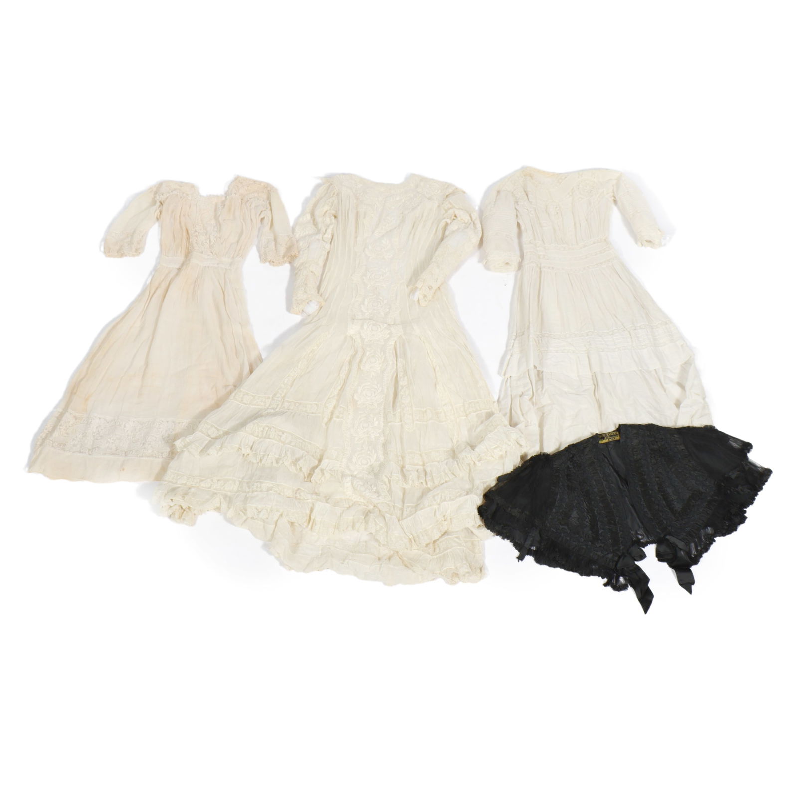 Collection of Victorian / Edwardian white dresses, lace wedding? dress, and French black embroidered (1 of 8)