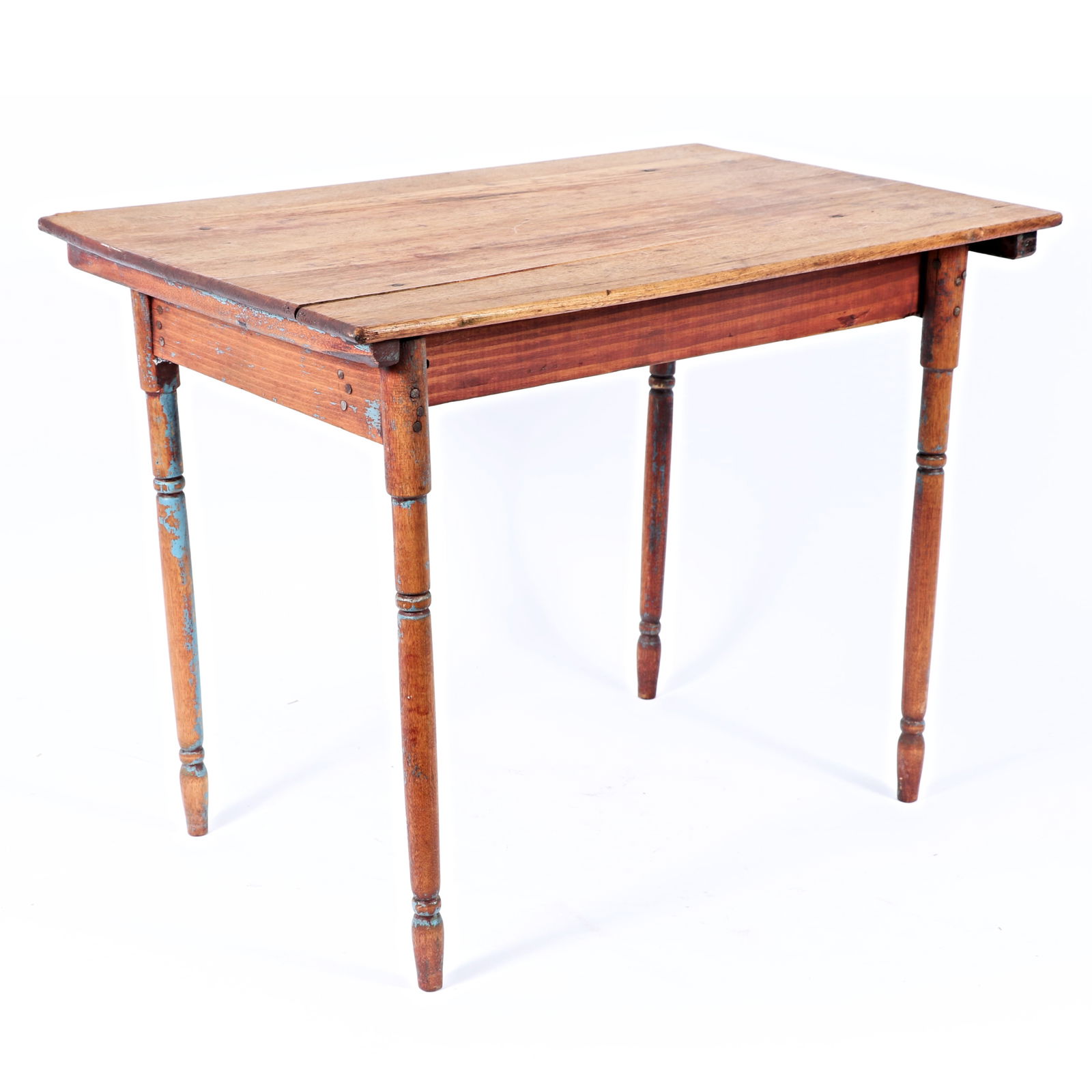 Antique primitive pine top child size work / side table with blue paint remnants on thin turned (1 of 14)
