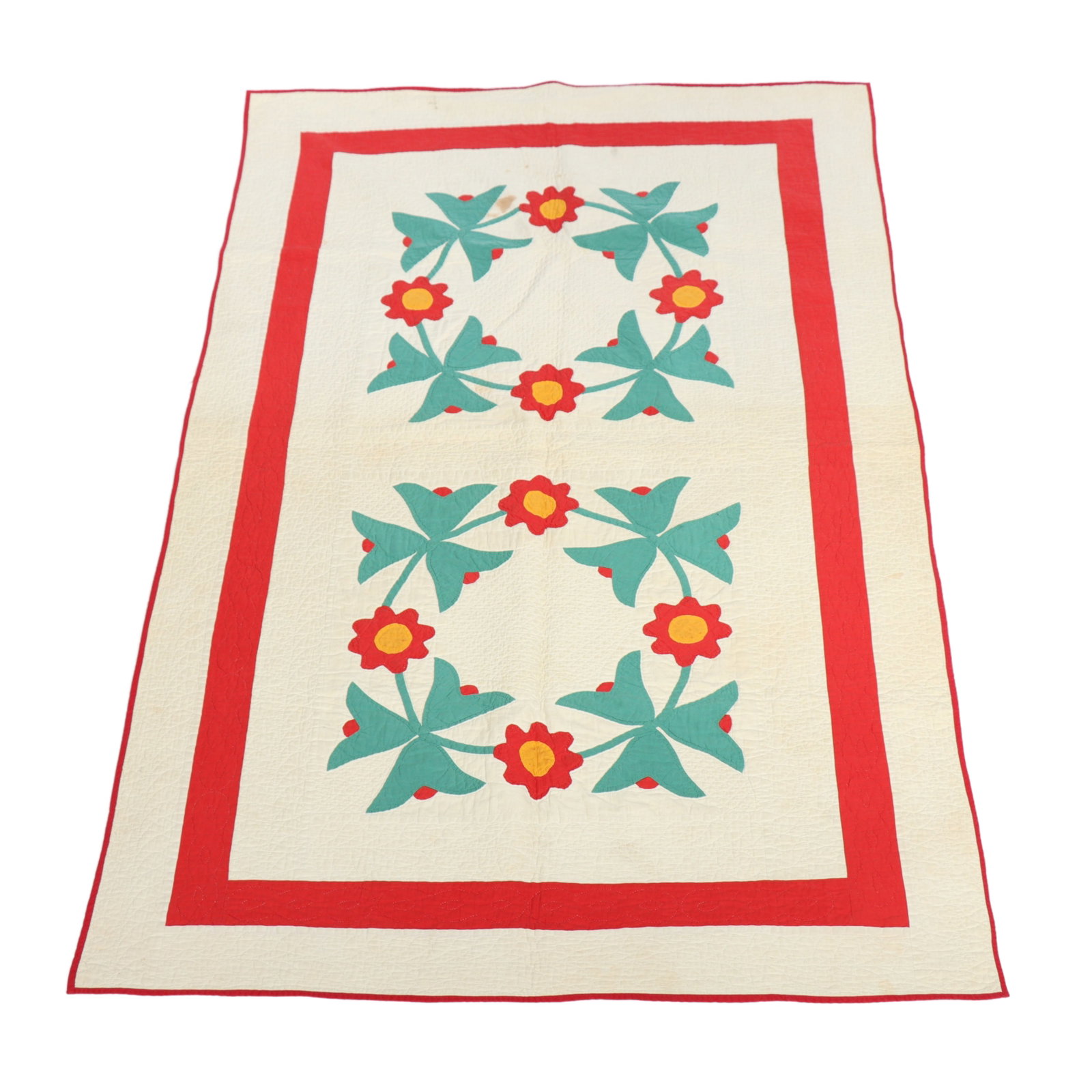 Antique Pennsylvania Dutch twin size Flower wreath garland quilt.: Antique Pennsylvania Dutch twin size Flower wreath garland quilt. Has stains throughout. 68 1/2"H x 42 1/2"W