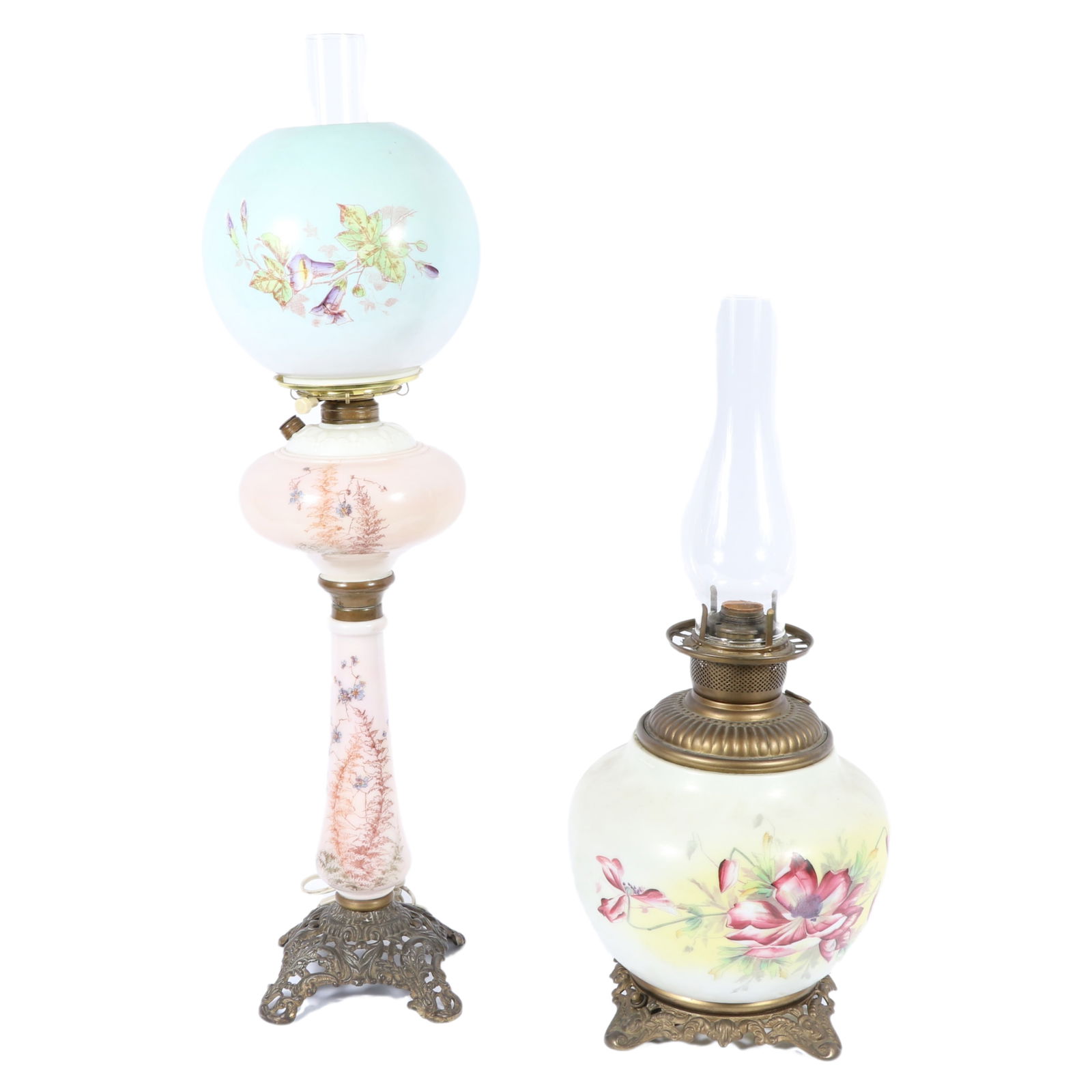 Pair of antique GWTW Gone With the Wind converted opaque glass oil lamps with floral decoration. (1 of 8)