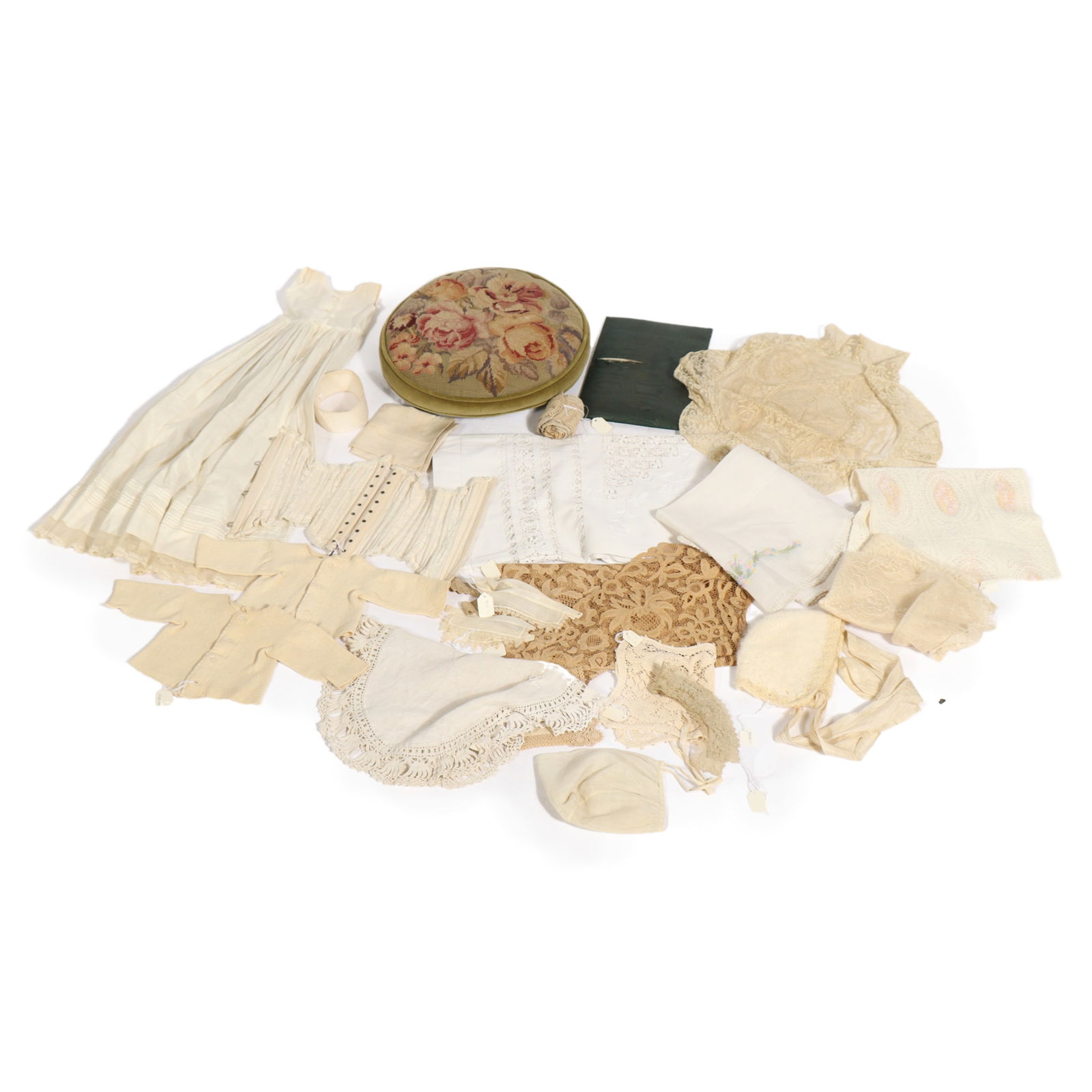 Group of Victorian children's or doll's clothing, pillow, bonnets, doilies, etc. (1 of 5)