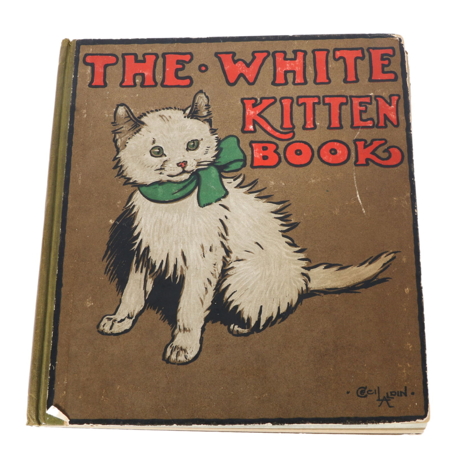The White Kitten Book by Cecil AldinPublisher: Henry Frowde and Hodder & Stoughton, Londonc.1909?: The White Kitten Book by Cecil Aldin Publisher: Henry Frowde and Hodder & Stoughton, London c.1909? Text block has detached from covers, paper-covered boards with cloth spine, edges of boards are rubb