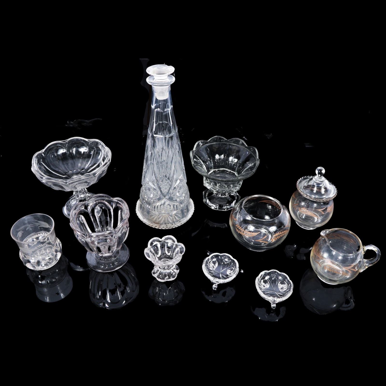 11pc group of EAPG, salt cellars, crystal decanter, and other clear glass pieces (1 of 17)