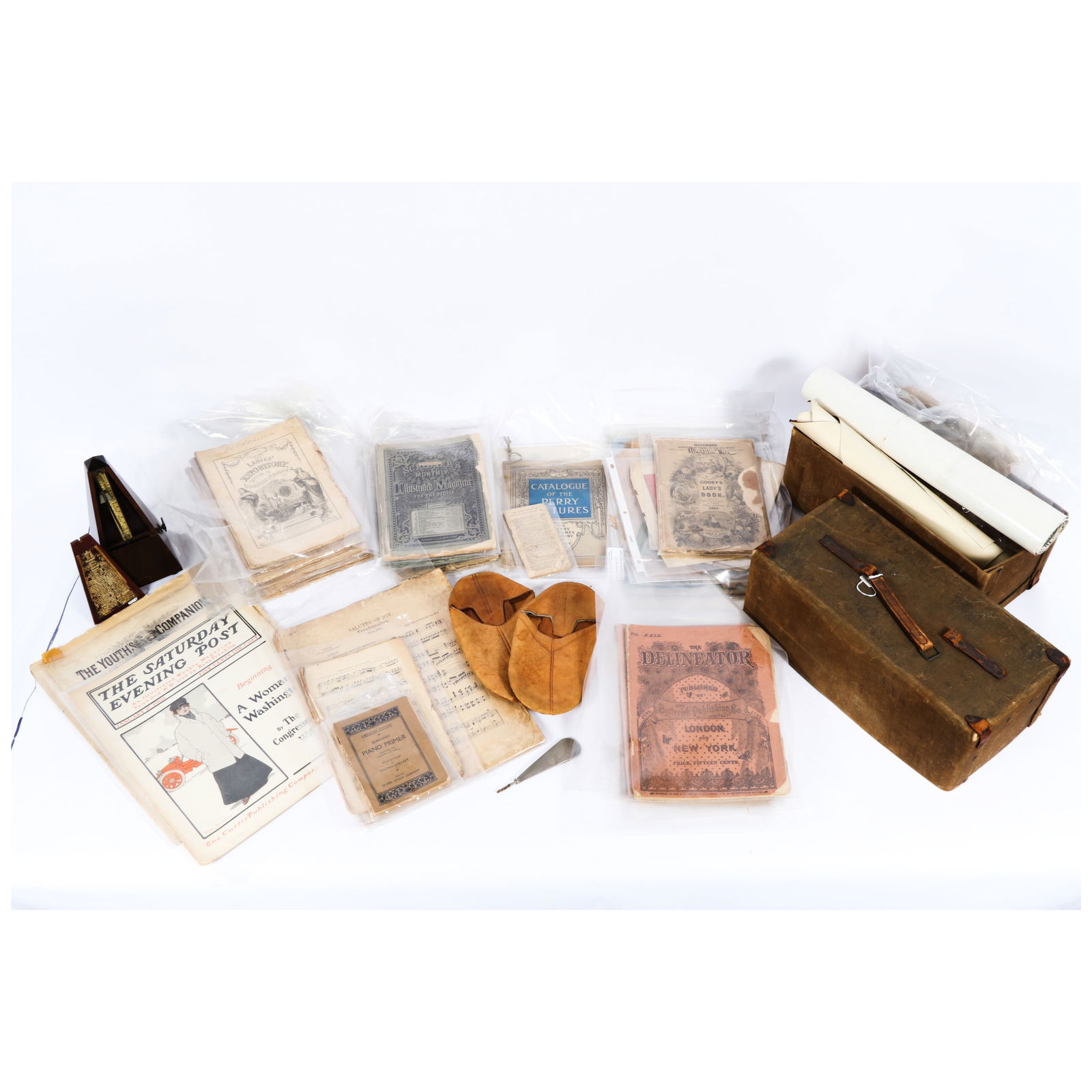 Large group of miscellaneous antique items including metronome and piano sheet music, leather (1 of 13)