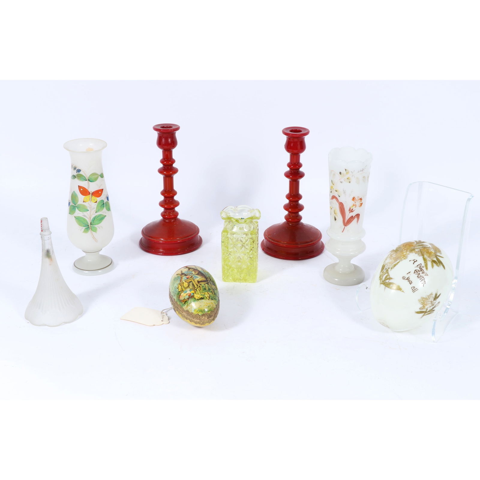 8pc group: Victorian porcelain Easter egg with paper mache egg ornament, and other miscellaneous: 8pc group: Victorian porcelain Easter egg with paper mache egg ornament, and other miscellaneous vintage glass 9"H x 4"Diam. (red candlestick holder)