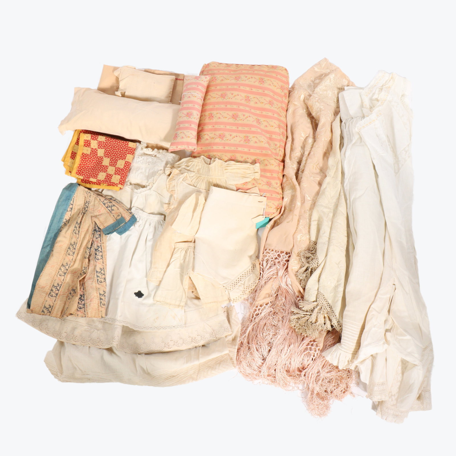 Box lot antique textiles; baby and doll clothes, ticking cradle pillows, pink silk piano shawl, doll (1 of 5)