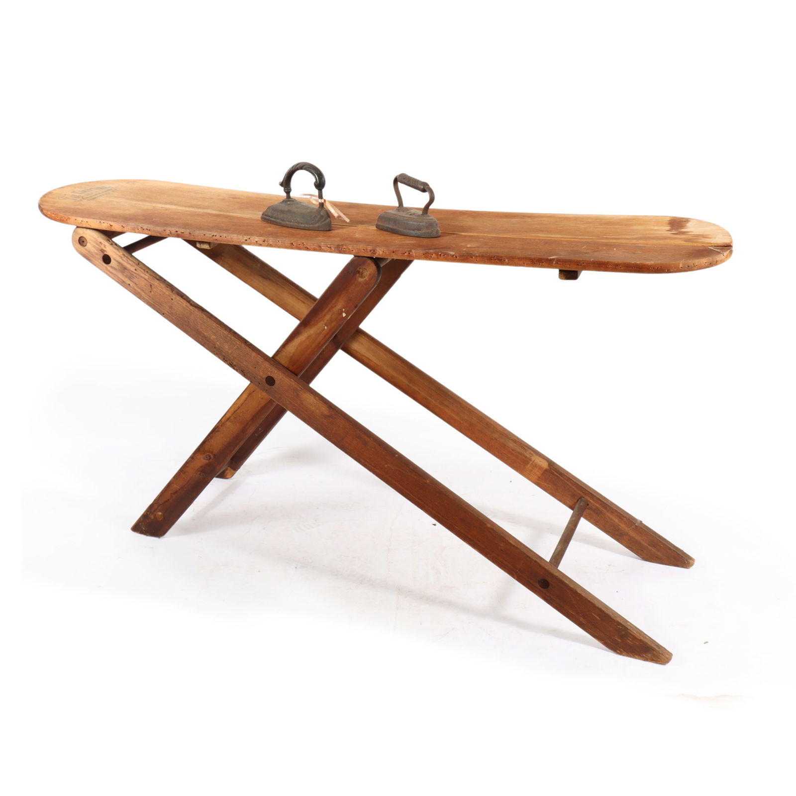 Empire Washing Co. NY wooden Ironing Board and Two Cast Iron Irons: Empire Washing Co. NY wooden Ironing Board and Two Cast Iron Irons Board shows water damage, cracks and wear. 29"H x 58 1/2"W x 14"D (ironing board)