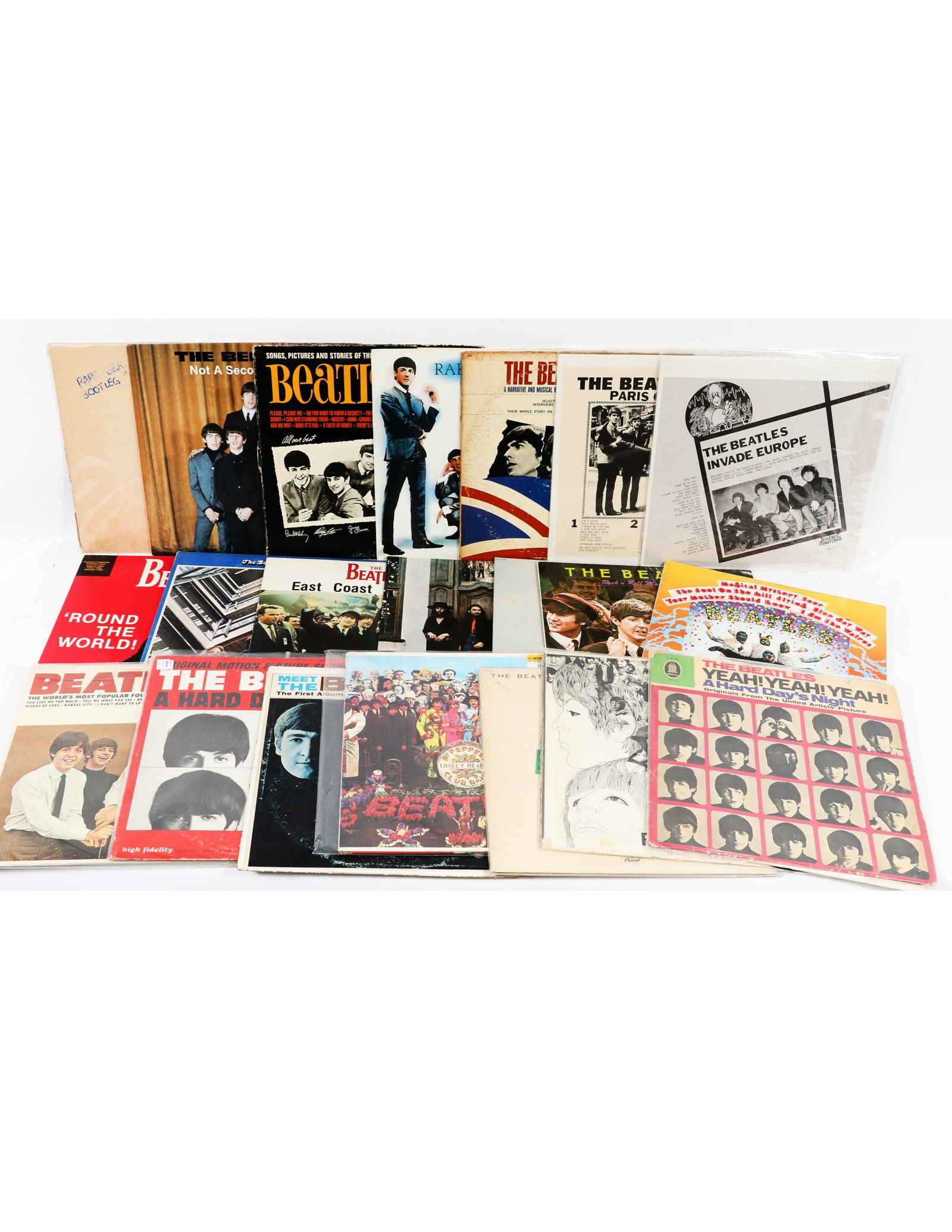 Lot of 20 Beatles 33 1/3 LP Albums: Lot of 20 Beatles 33 1/3 LP Albums The records and jackets vary in condition. The lot includes: Beatles Bootleg Album (Kum Back), Not a Second Time (Cicadelic), Songs, Picturers and Stories of the Fab