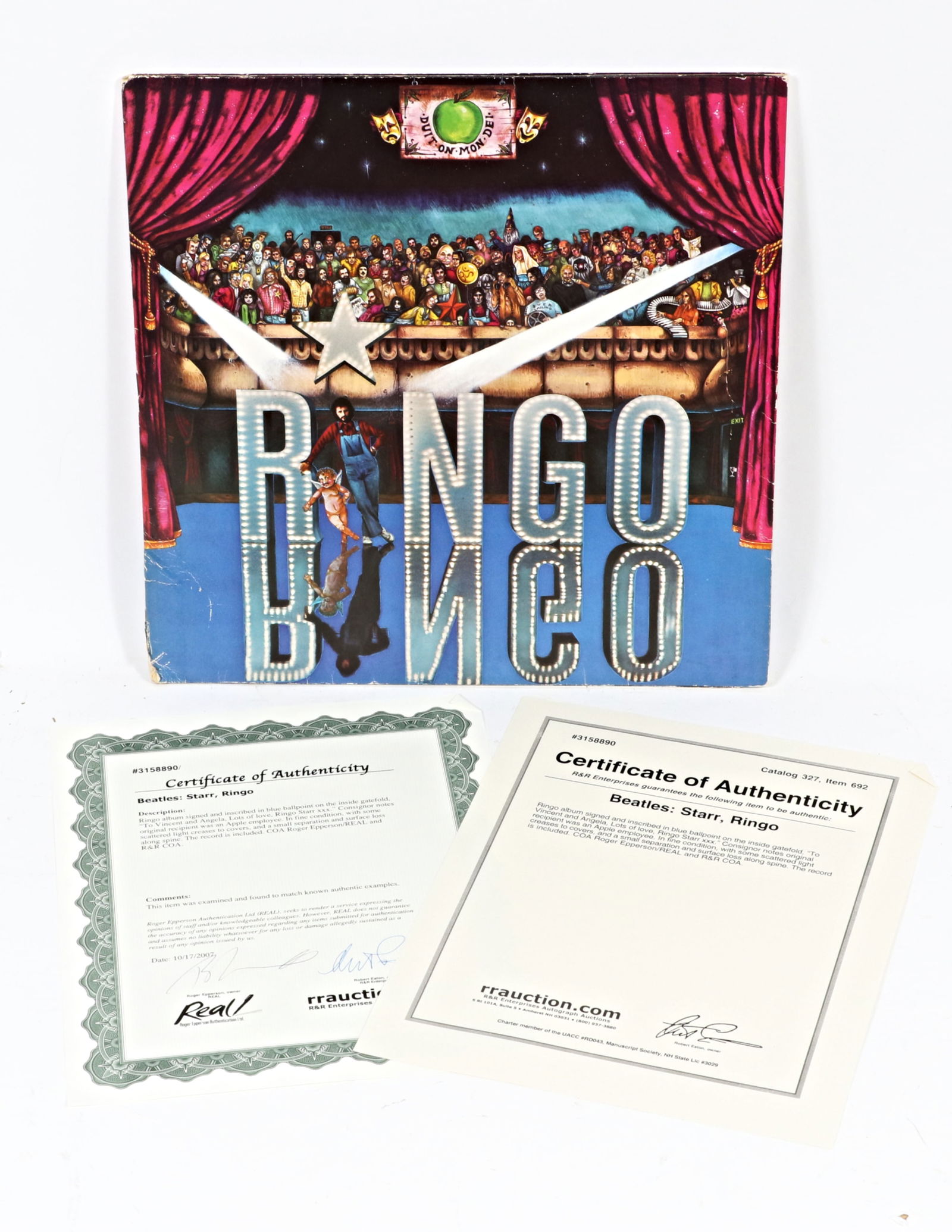 Ringo Starr Autographed Ringo Album: Ringo Starr Autographed Ringo Album The autograph is authenticated by RR Auction and REAL/Roger Epperson. The autograph is to Vincent & Angela, it is noted that the original recipient was an Apple emp