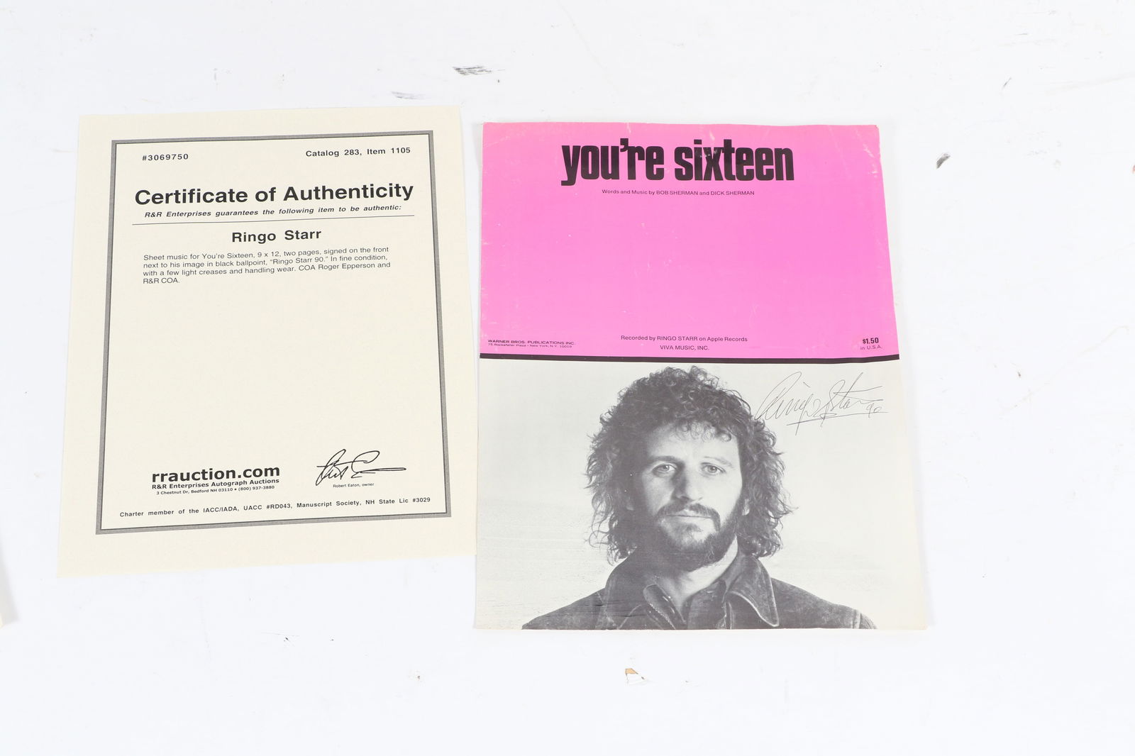 Ringo Starr Signed You're Sixteen Sheet Music: Ringo Starr Signed You're Sixteen Sheet Music Signed on the front cover, also includes an unsigned photo. COA from RR Auction.