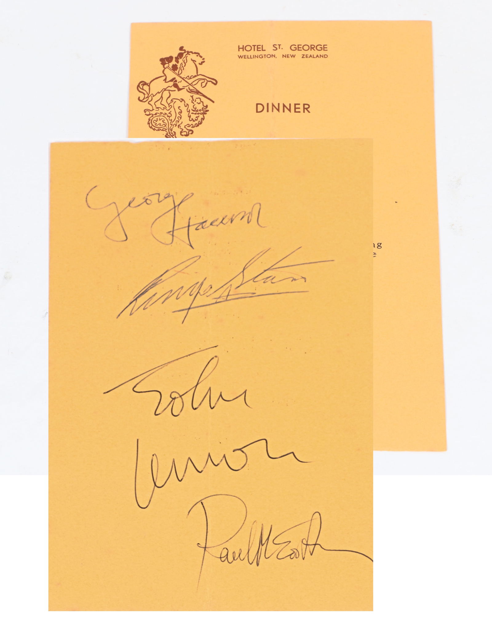 The Beatles Signed 1964 Hotel St. George Dinner Menu: The Beatles Signed 1964 Hotel St. George Dinner Menu Signed on the back by Paul McCartney, John Lennon, George Harrison, and Ringo Starr. The menu measures 8x5.