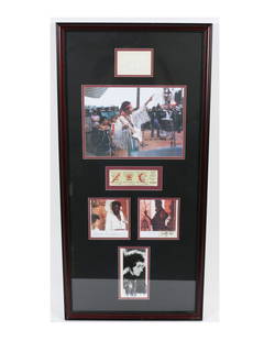 Jimi Hendrix & Band Framed Photos & Autographed Cuts: Jimi Hendrix & Band Framed Photos & Autographed Cuts The ticket shown in the collage is a photo copy not an original. Framed the piece measures 18x38.