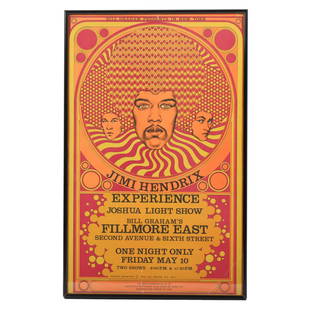 Jimi Hendrix Experience Joshua Light Show at Bill Graham's Fillmore East, New York, NY, Iconic Psyc: Thick paper lithography. This image is considered among the classics of psychedelia w/an eye popping portrait of Hendrix at center, flanked by portraits of Noel Redding and Mitch Mitchell. The opening