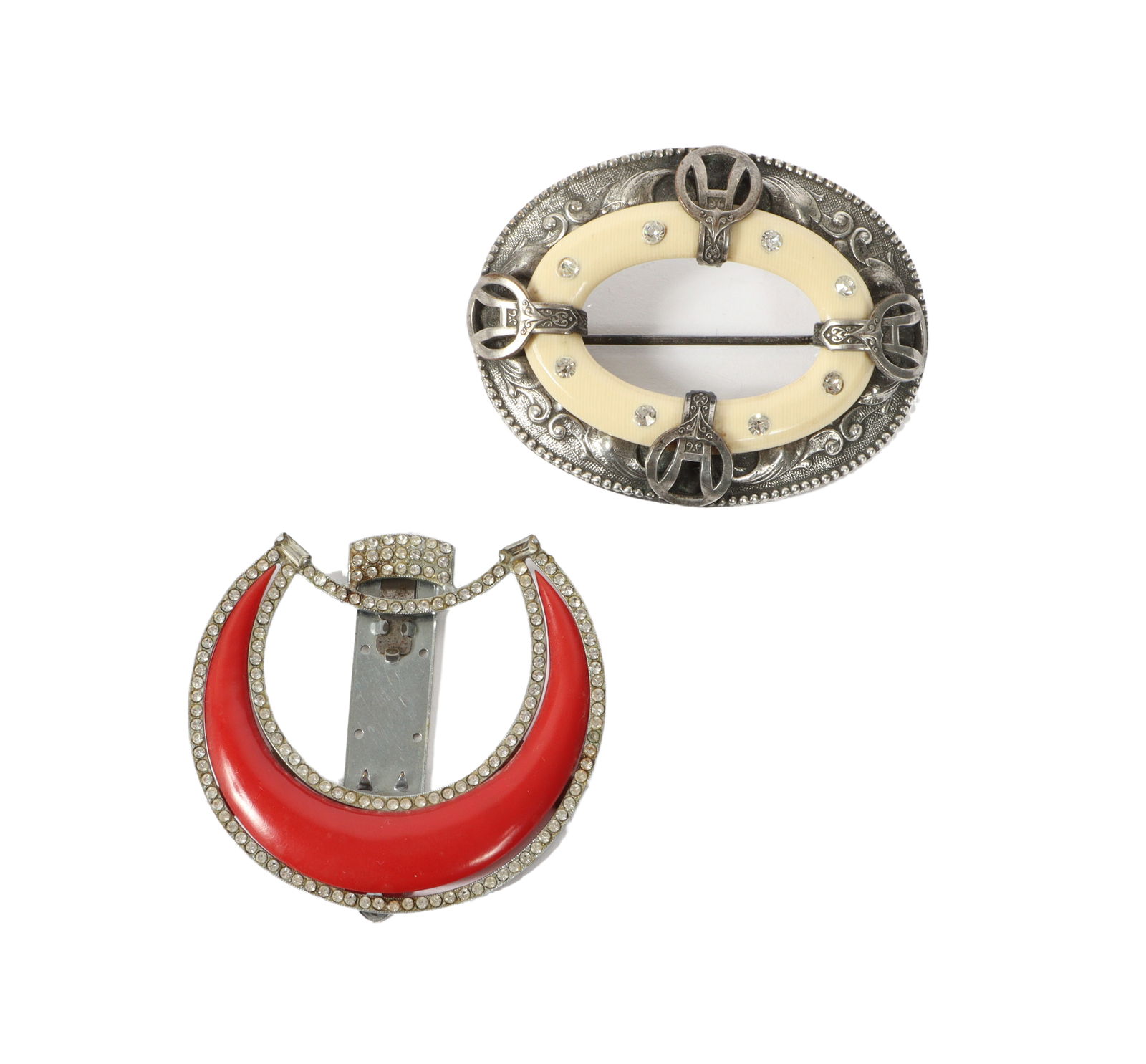 Vintage Art Deco oval rhinestone studded celluloid pin brooch and French red Galalith crescent dress (1 of 7)