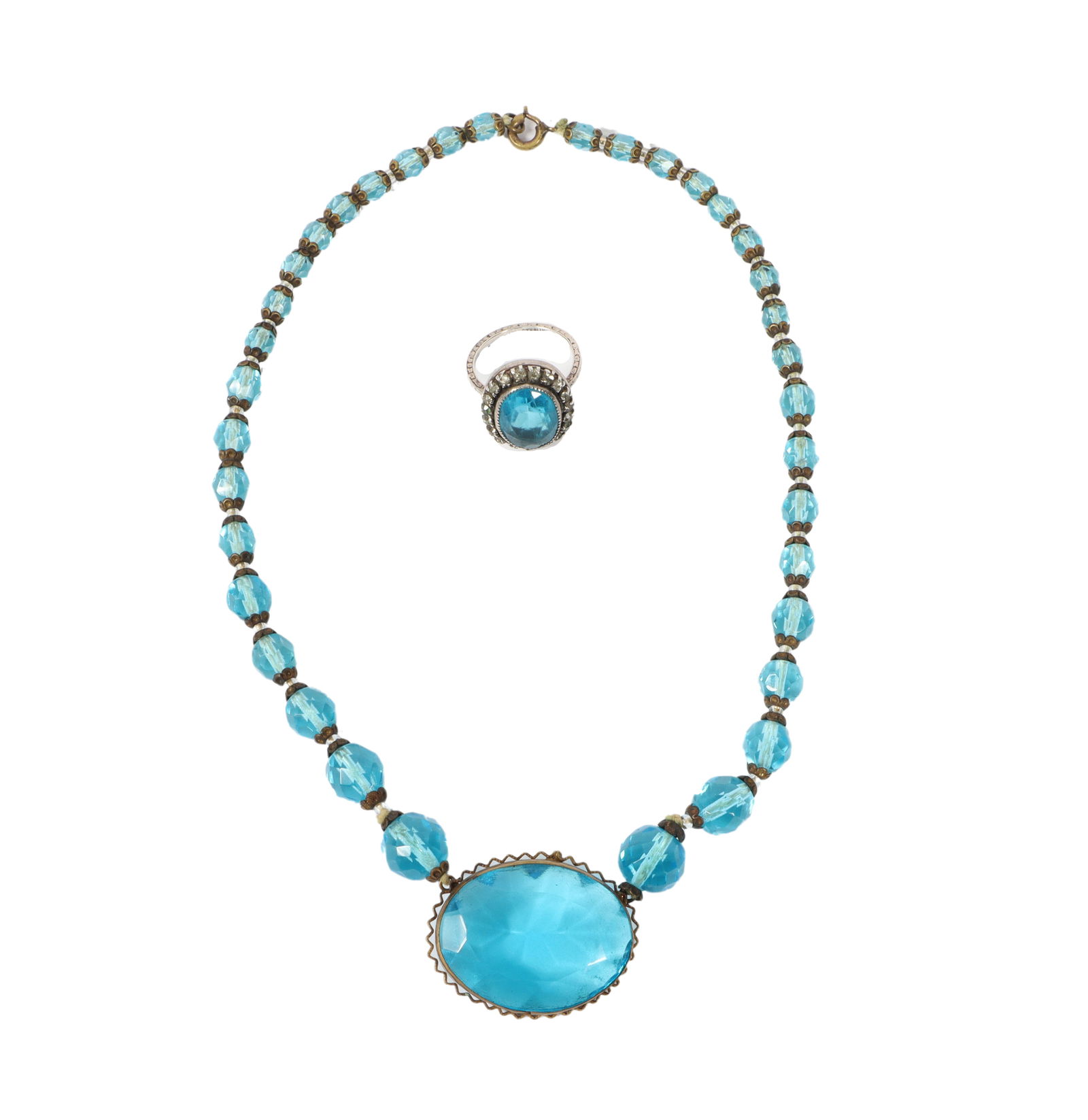 Aqua blue Czech glass necklace with complimentary Art Deco sterling silver ring. Size 5 1/2 (ring) (1 of 10)