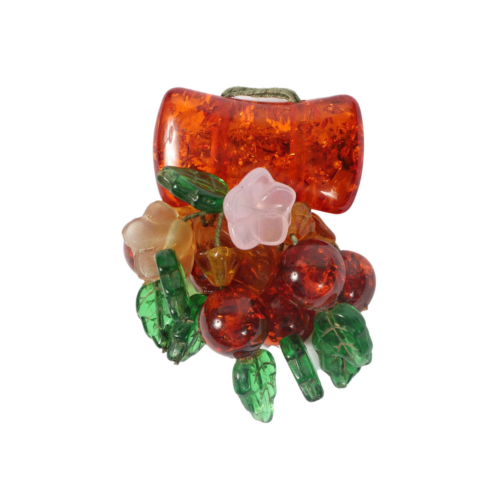 Antique Art Deco Baltic amber pin with glass? flowers and leaves. 2 3/8"H x 2"W (1 of 4)