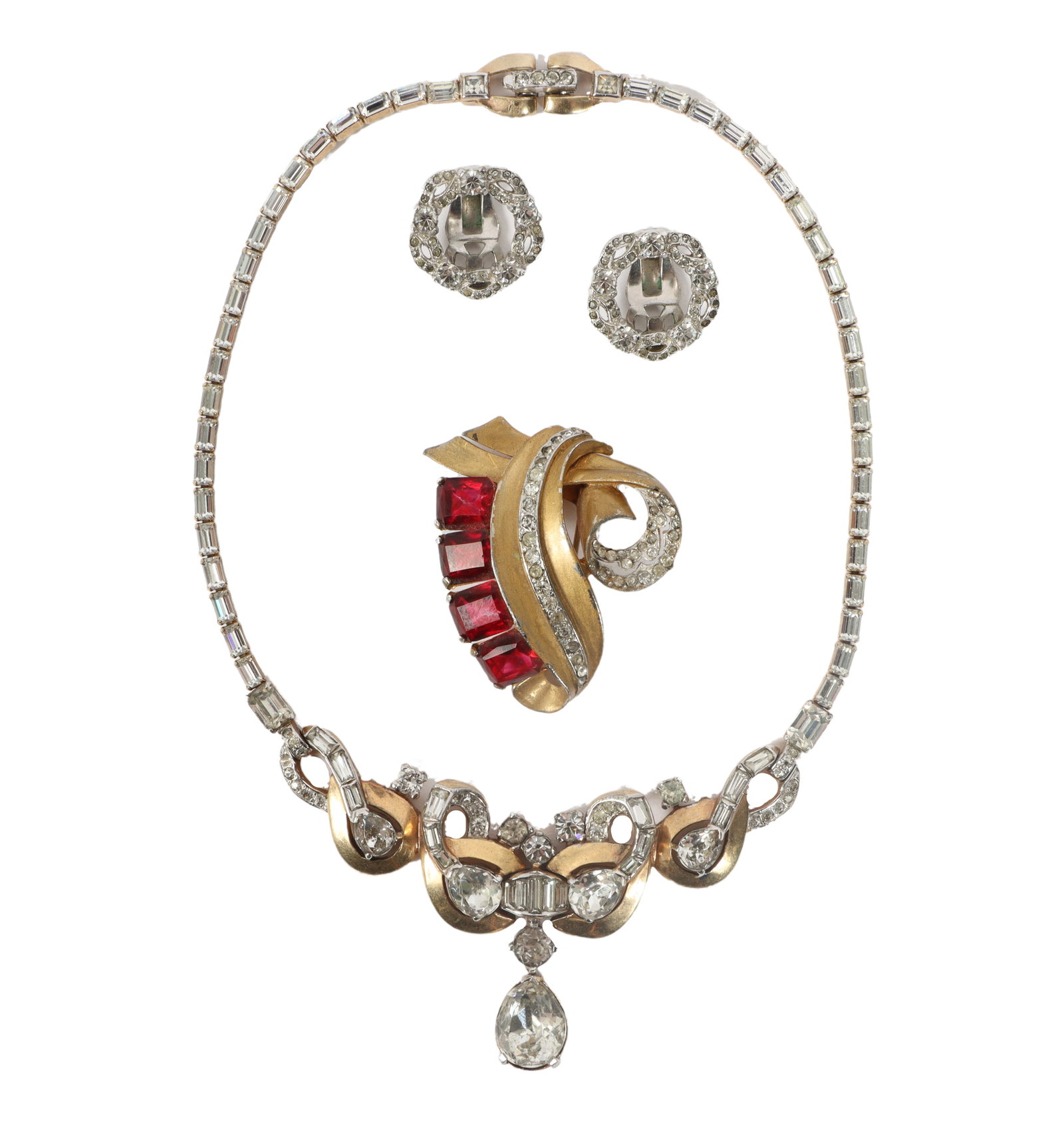 Mazer 3pc retro group: Mazer Bros. gold tone diamante necklace with large teardrop crystal, Mazer: Mazer 3pc retro group: Mazer Bros. gold tone diamante necklace with large teardrop crystal, Mazer rhinestone wreath earrings, with Mazer swirl fur clip with ruby red jewels and rhinestones. 15"L x 2"W