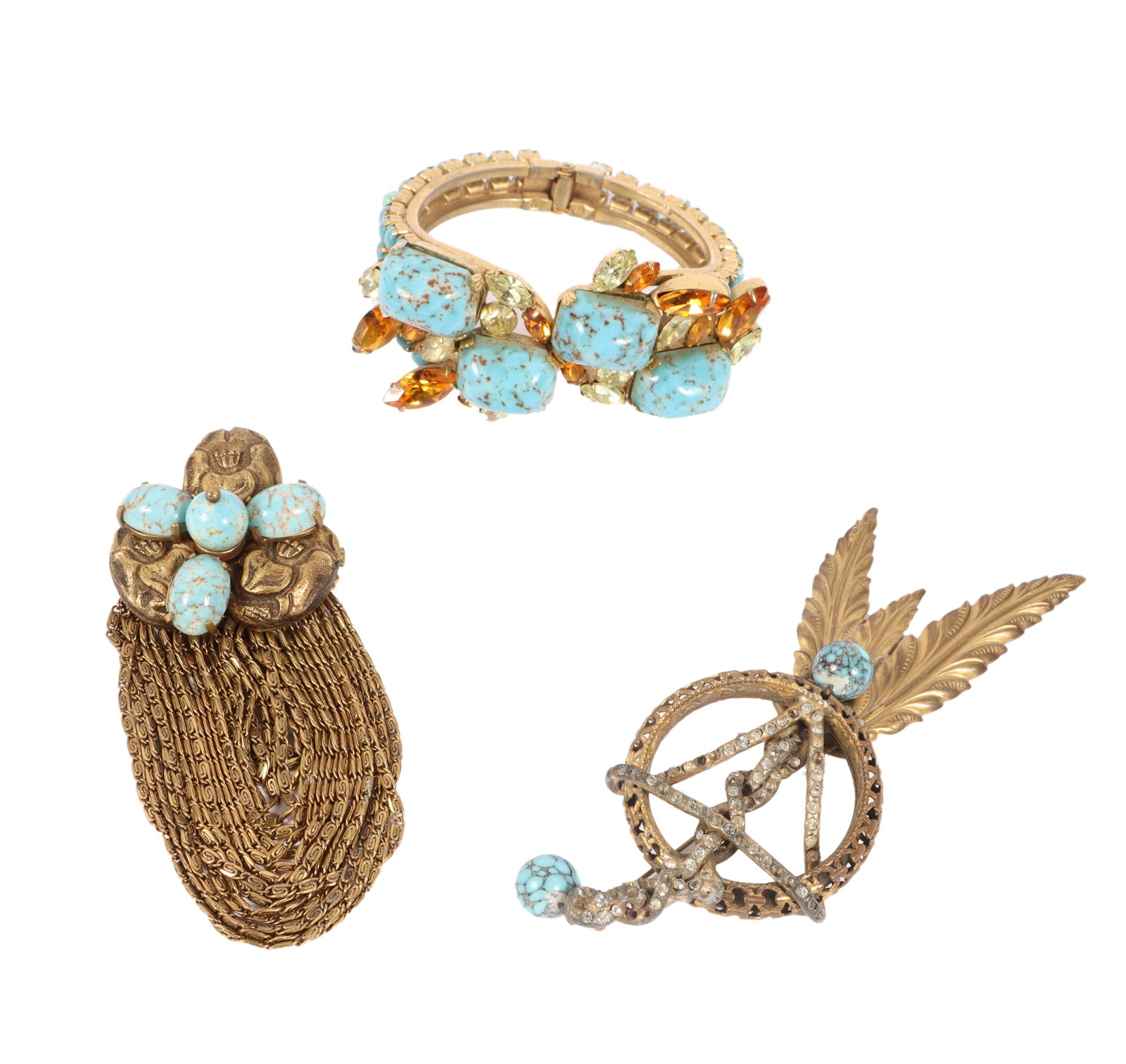 3pc vintage faux tourquoise Czech glass jewelry group: clamper bangle bracelet with amber and green (1 of 11)