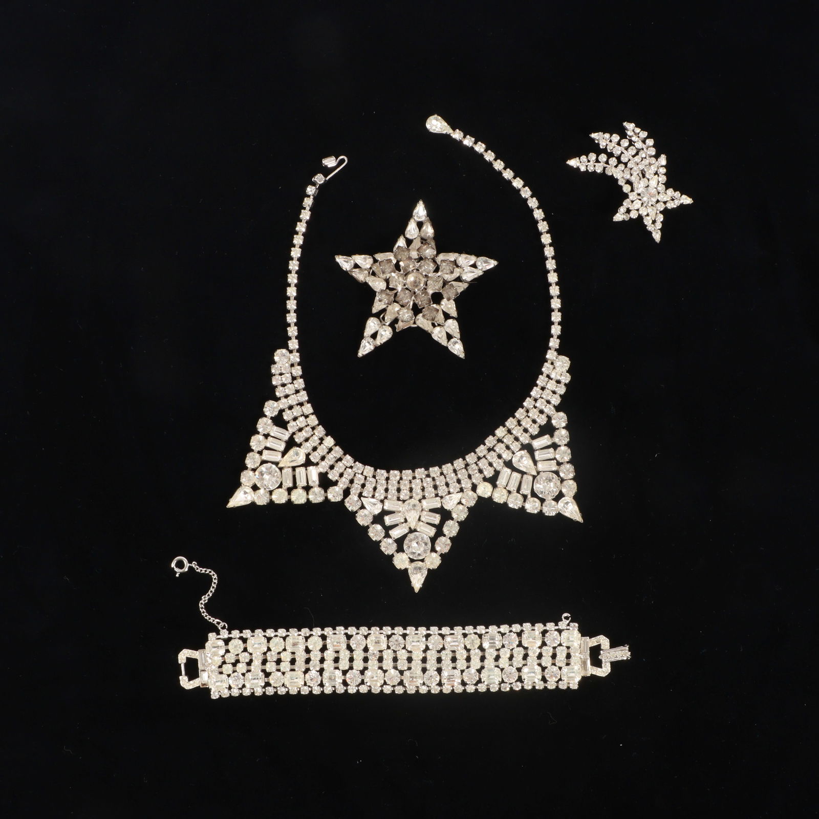 4pc vintage rhinestone group featuring Weiss necklace with large Karu star brooch 15"L x 2"W (1 of 14)
