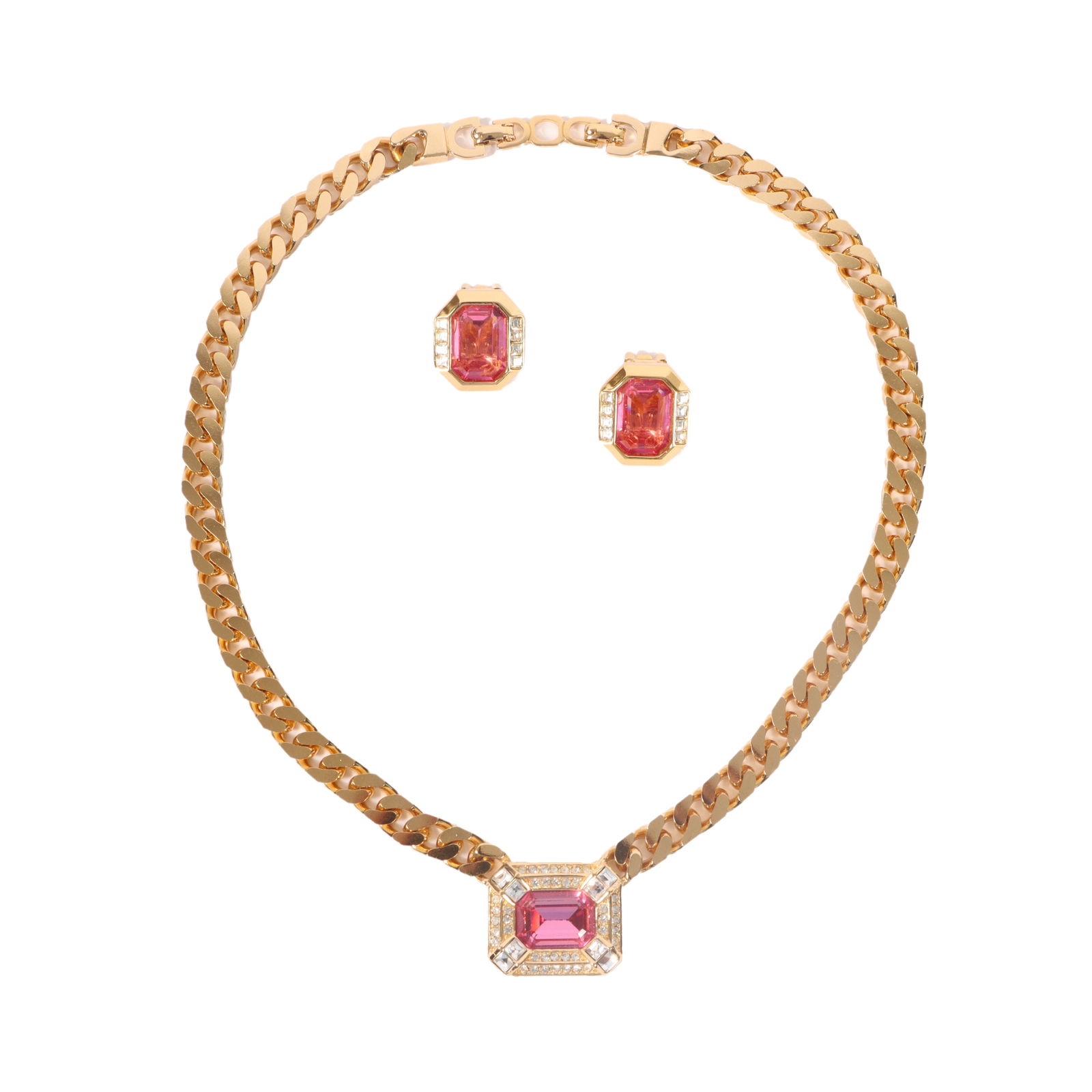Vintage 2pc. Christian Dior gold tone designer necklace and earring set with rhinestones and pink (1 of 9)