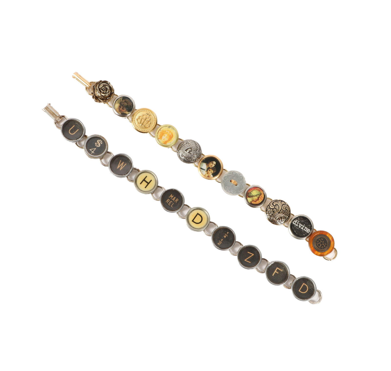 Pair of Kate Webster artisan made antique button / typewriter key 'charm' bracelets. 8"L x 1/2"W (1 of 7)