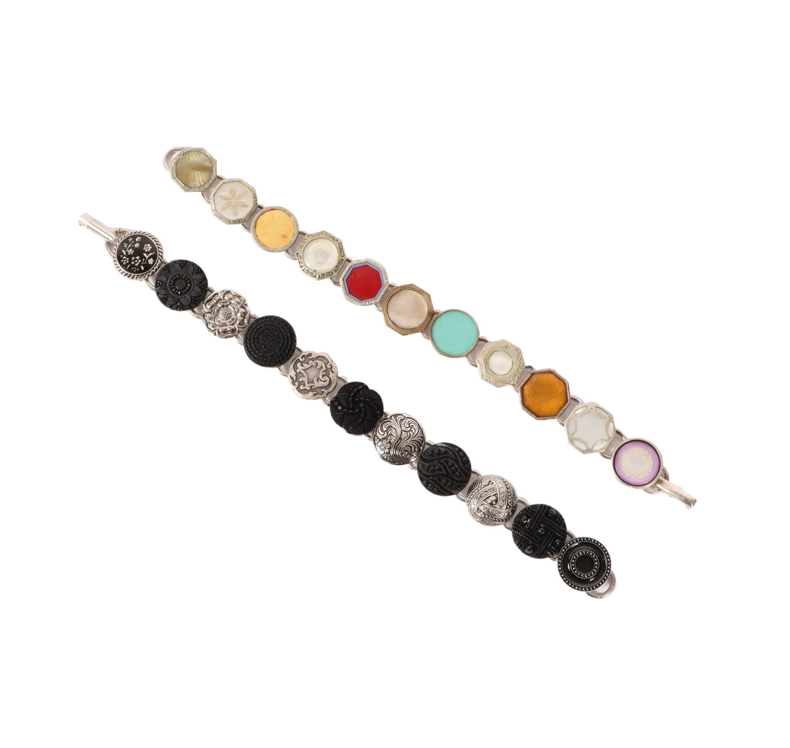 Pair of artisan made antique button / cufflink 'charm' bracelets featuring Victorian / Art Deco, (1 of 7)