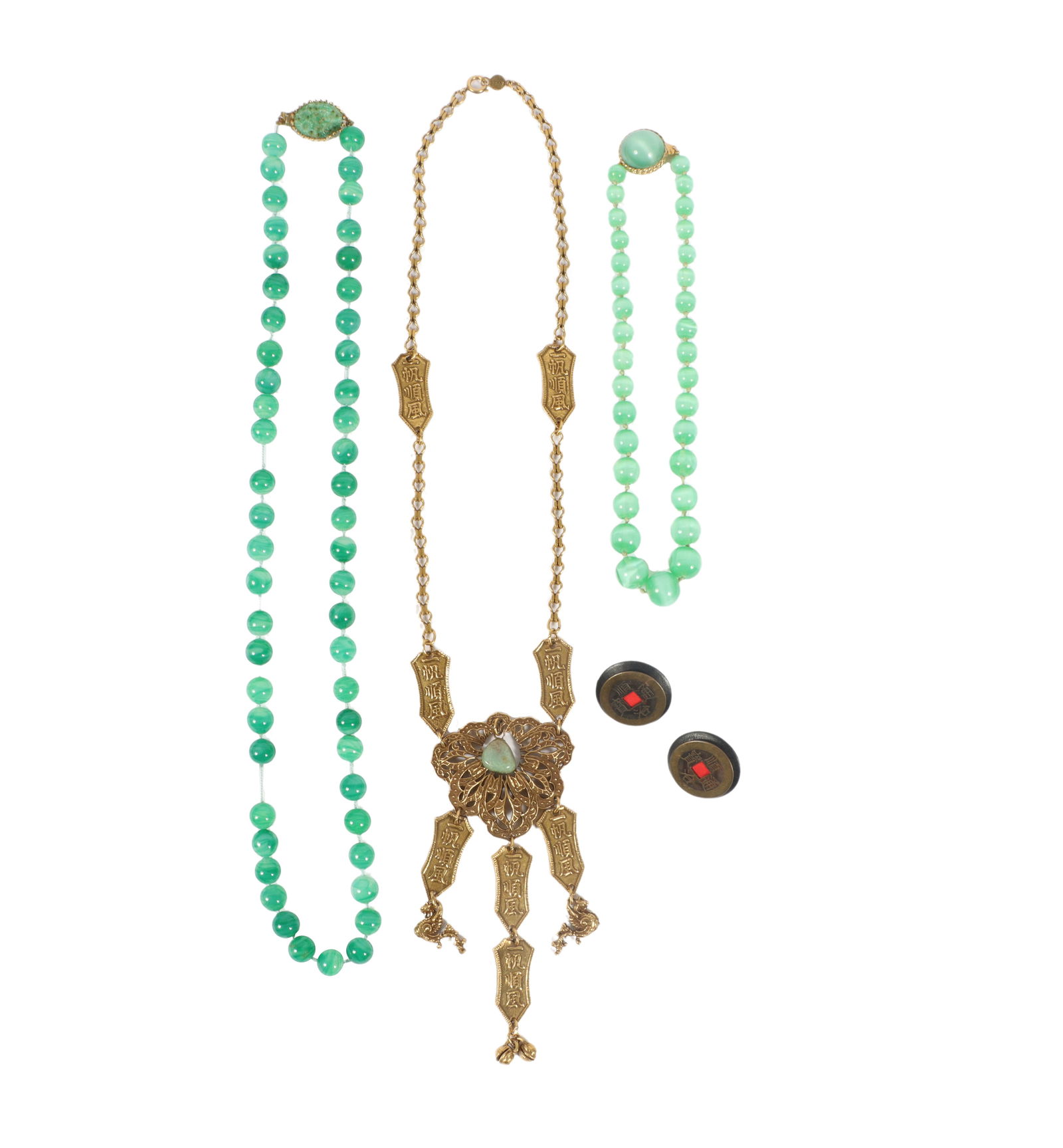 Two Joseph Mazer glass/jadeite Peking jade glass bead necklaces, with statement Asian inspired: Two Joseph Mazer glass/jadeite Peking jade glass bead necklaces, with statement Asian inspired Accessocraft gilt necklace, and Chinese coin earrings. Darker green Joseph Mazer necklace missing some be
