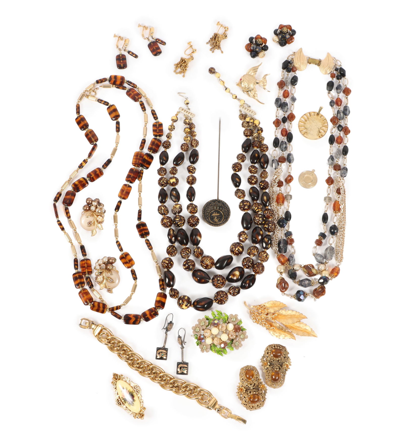 Vintage costume jewelry group featuring: Selro Selini, Trifari, Napier set, 12K gold filled Elco: Vintage costume jewelry group featuring: Selro Selini, Trifari, Napier set, 12K gold filled Elco charm, Western Germany, Beaujewels, BSK, coin pendant, antique button hat pin, Czech glass dress clips,