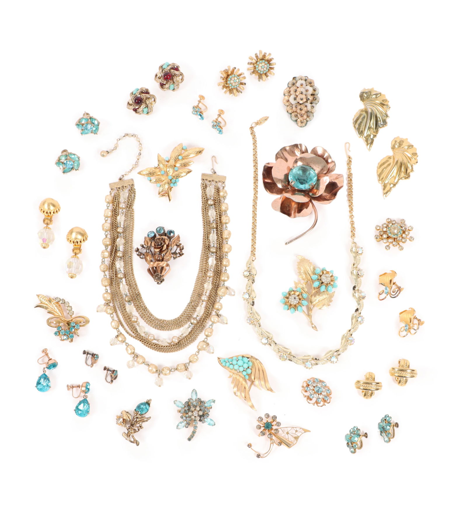 Gold toned vintage costume jewelry group featuring: Jomaz, Hobe, Trifari, Reinad, Czechoslavakia, (1 of 8)