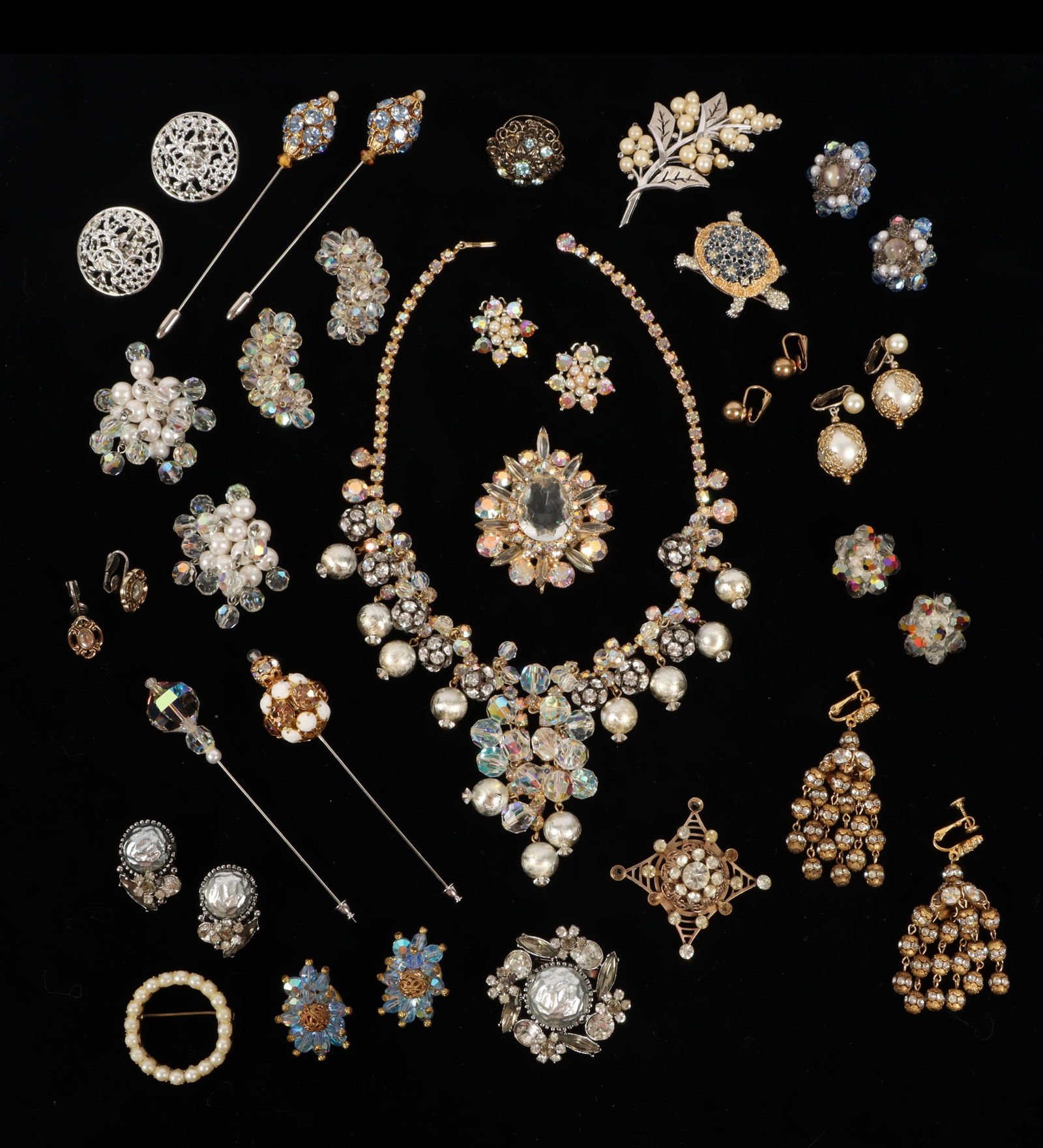Vintage rhinestone costume jewelry group including: D&E Juliana aurora borealis brooch, Ciner turtle (1 of 11)