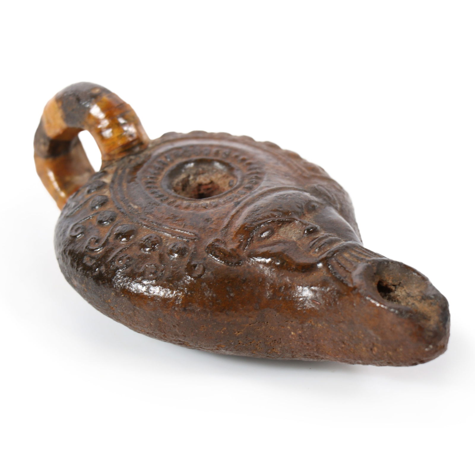Roman earthenware pottery oil lamp found in Luxor Egypt, 1939. 1 1/2"H x 4"W: Roman earthenware pottery oil lamp found in Luxor Egypt, 1939. old repair and damage. 1 1/2"H x 4"W