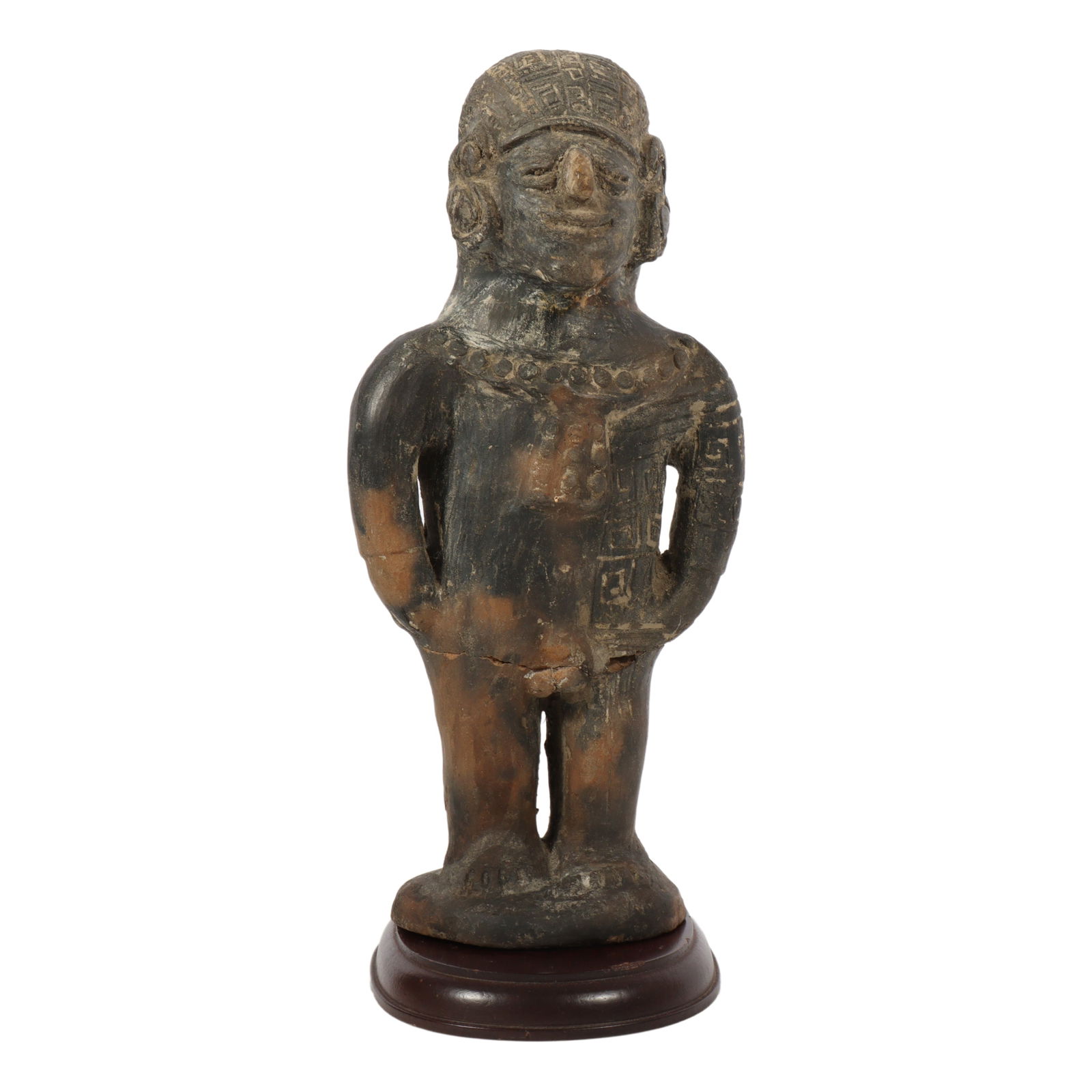 Pre-Columbian earthenware pottery standing whistle figure with decorated headdress and earrings. 11: Pre-Columbian earthenware pottery standing whistle figure with decorated headdress and earrings. Old restoration and damages throughout. 11 1/4"H (without base) x 5"L (shoulder to shoulder)