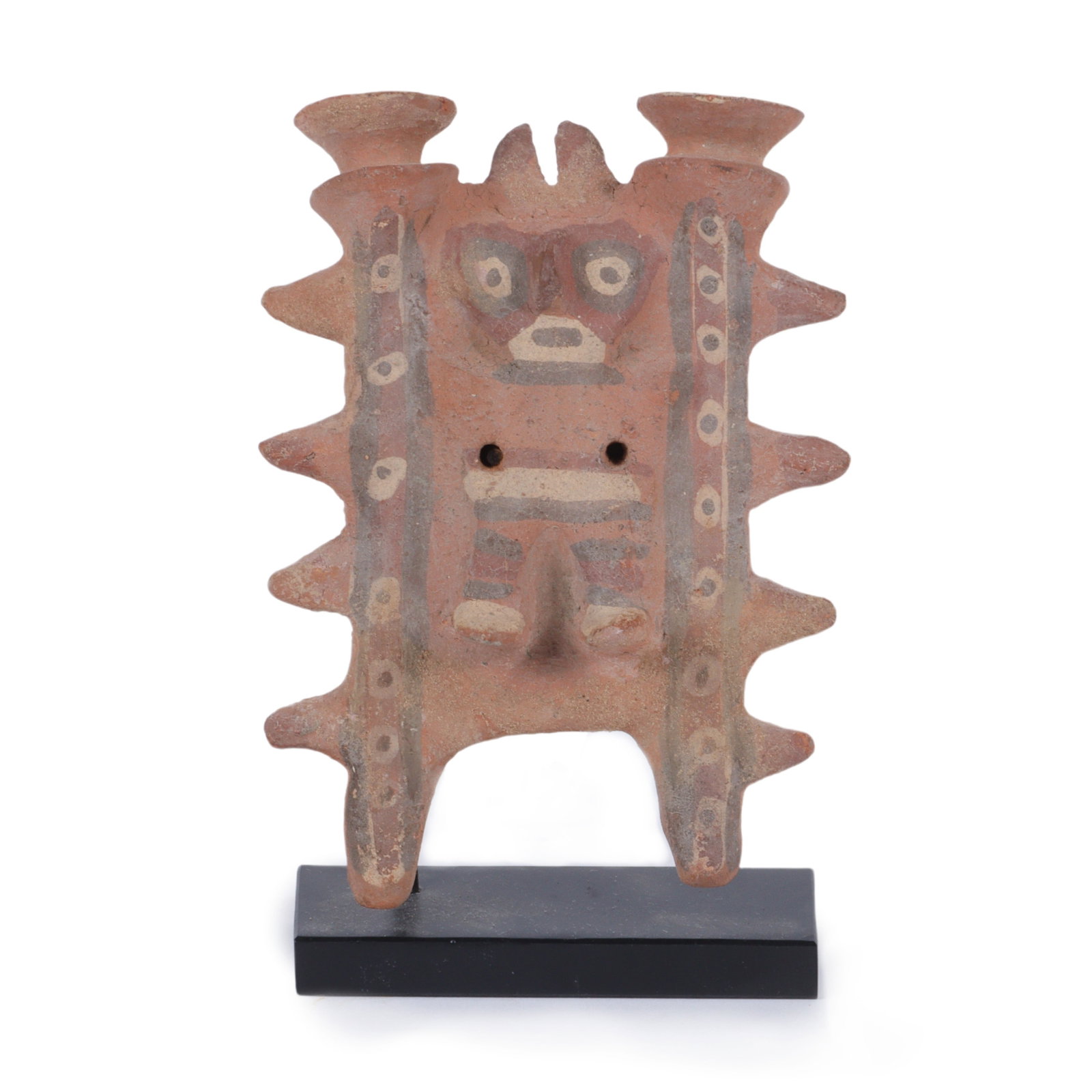 Pre-Columbian, Chancay polychrome pottery figure on litter, Central Coast Peru, Ca. 1000 to 1470 CE.: Pre-Columbian, Chancay polychrome pottery figure on litter, Central Coast Peru, Ca. 1000 to 1470 CE. A polychrome terracotta depiction of a member of the elite strapped (note the horizontal striations