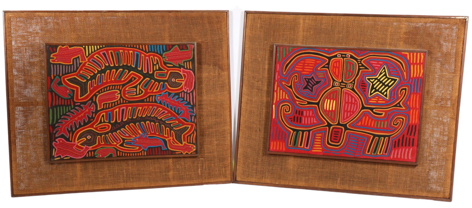 Two Panamanian Central American Mola textiles mounted on framed burlap 14"H x 19"W (textile), 23: Two Panamanian Central American Mola textiles mounted on framed burlap 14"H x 19"W (textile), 23 3/4"H x 29"W (frame) (largest)