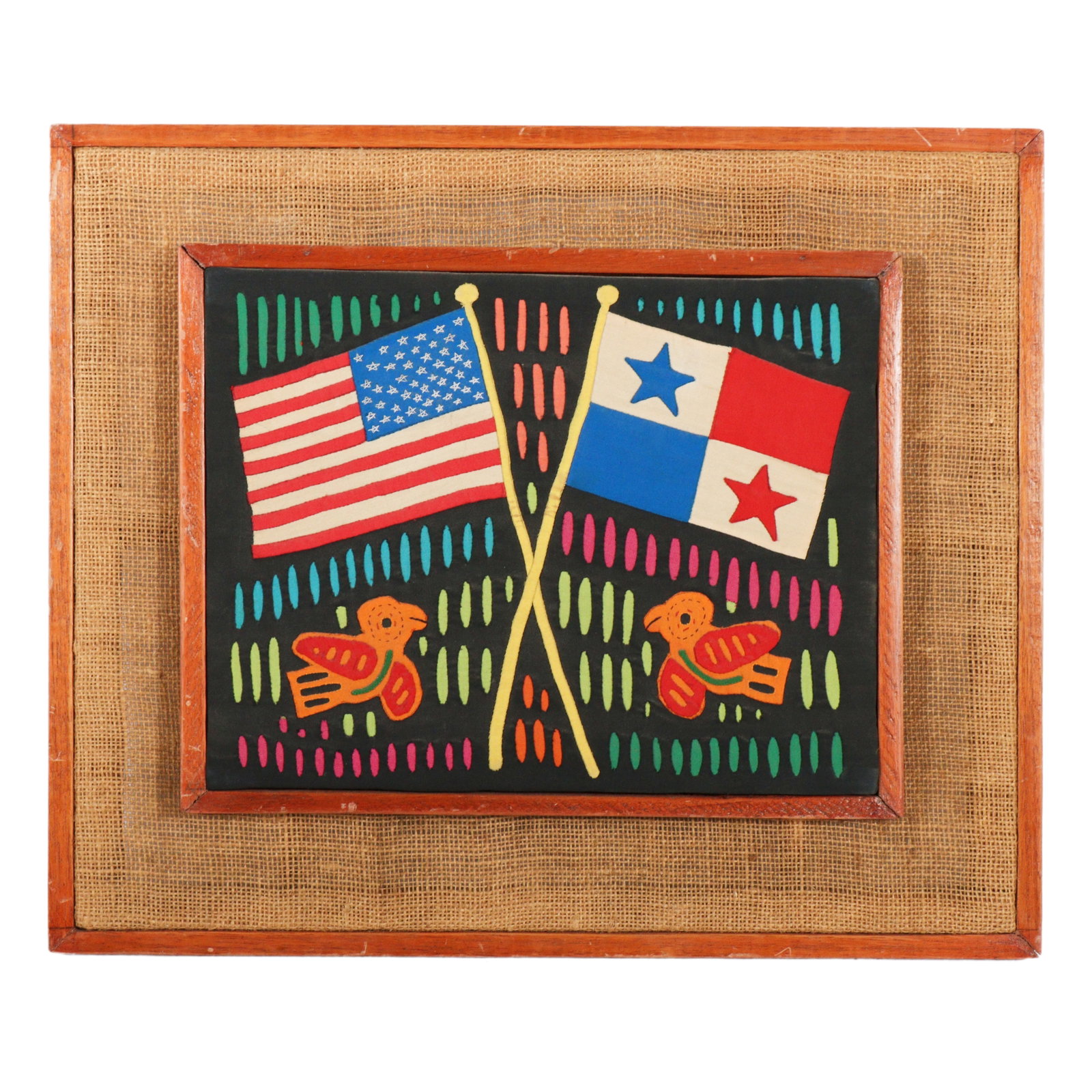 Panamanian Central American Mola textile mounted on framed burlap 10"H x 12 3/4"W (textile), 16"H x: Panamanian Central American Mola textile mounted on framed burlap with American and Panamanian flags and two birds. 10"H x 12 3/4"W (textile), 16"H x 19 1/8"W (frame)