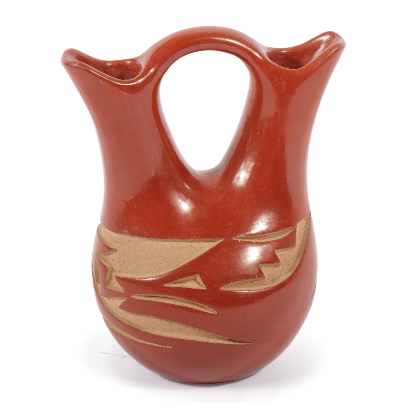 Flora Naranjo Santa Clara Pueblo Native American carved redware pottery wedding vase with zoomorphic: Flora Naranjo Santa Clara Pueblo Native American carved redware pottery wedding vase with zoomorphic design. Signed "Flora Naranjo Santa Clara" under base. Biography from King Galleries website: Flora