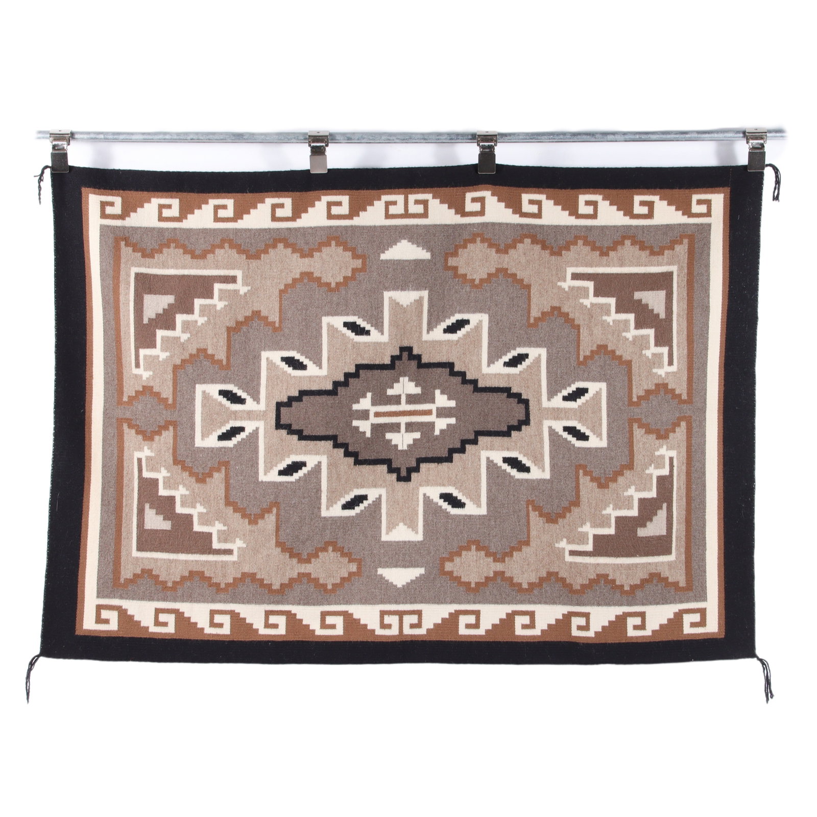Master Weaver Ella Mae Taylor Two Grey Hills snowflake pattern Navajo rug, 1970s: 36" x 52": Master Weaver Ella Mae Taylor Two Grey Hills snowflake pattern Navajo rug, 1970s: Ella Mae won numerous awards across the Southwest for excellence in weaving between 1998 and 2008. 36" x 52"