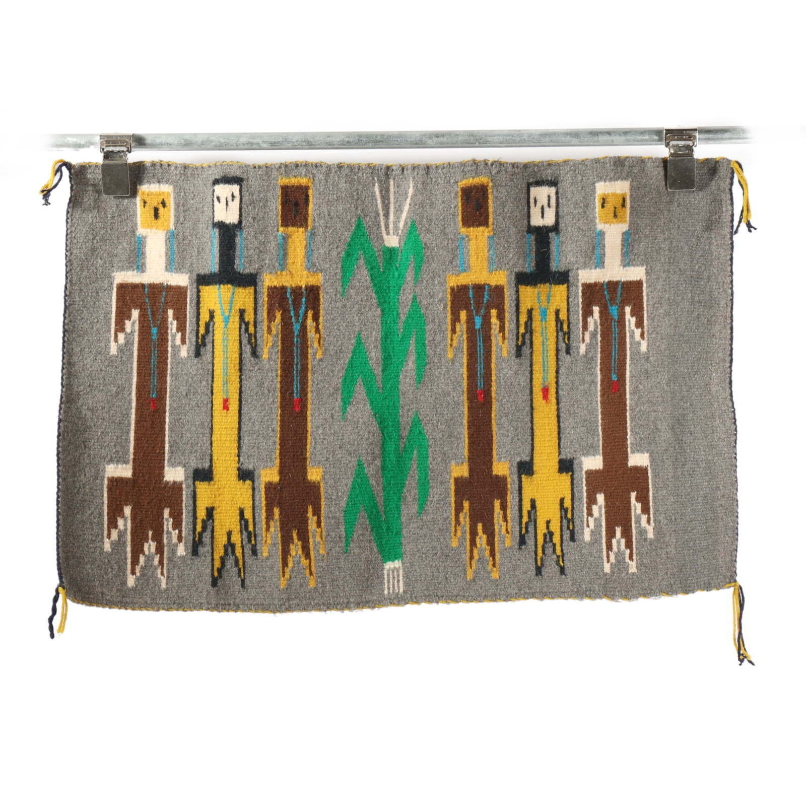 Vintage Native American Yei weaving rug / blanket with six figures and corn on gray ground. 30 3/4": Vintage Native American Yei weaving rug / blanket with six figures and corn on gray ground. 30 3/4" x 19 3/4"