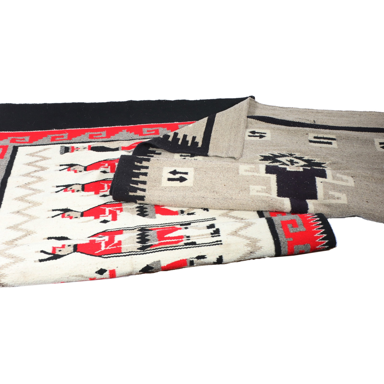 Lot of 2 Native American Navajo style rug / blanket weavings. 80 1/2"H x 53 1/2"W (black, grey and: Lot of 2 Native American Navajo style rug / blanket weavings. One with figures, red, black and white, the other with directional arrow motif, black and white on grey ground. 80 1/2"H x 53 1/2"W (black