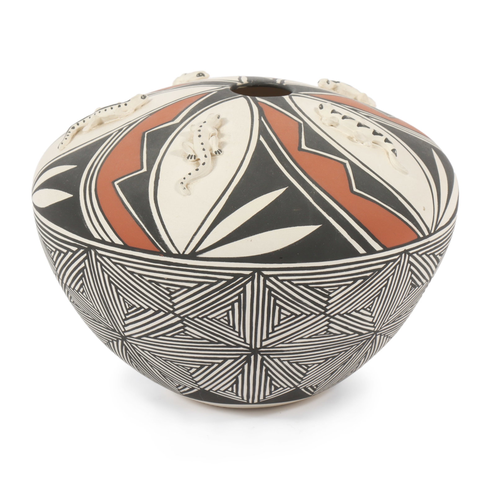Vicki Garcia Acoma New Mexico Pueblo Native American polychrome pottery seed pot jar with applied: Vicki Garcia Acoma New Mexico Pueblo Native American polychrome pottery seed pot jar with applied gecko lizards. Signed "V. Garcia Acoma N.M." under base. 6"H x 8"Diam.